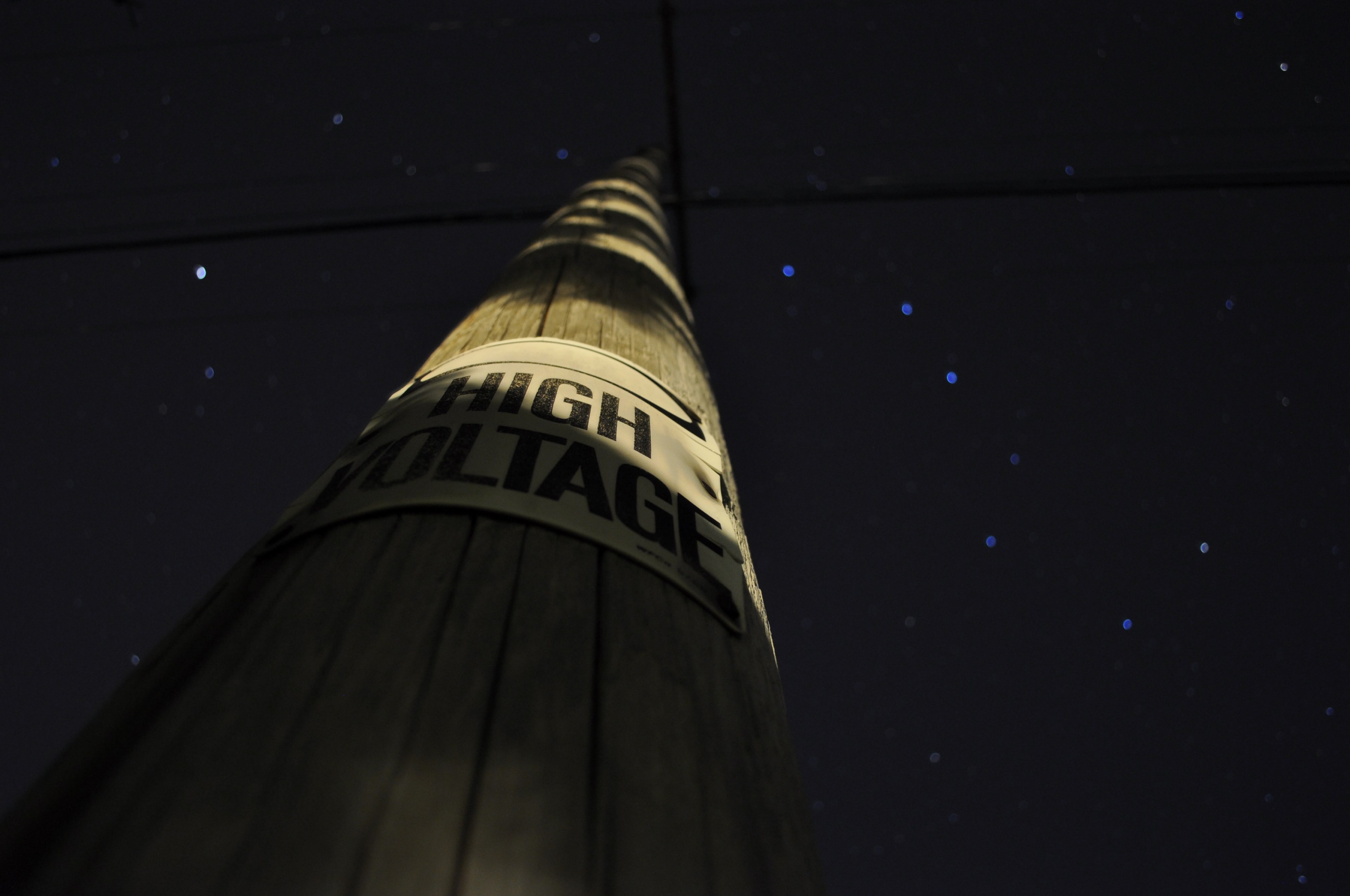 high voltage telephone pole night sky and wood 4k, HD Wallpaper