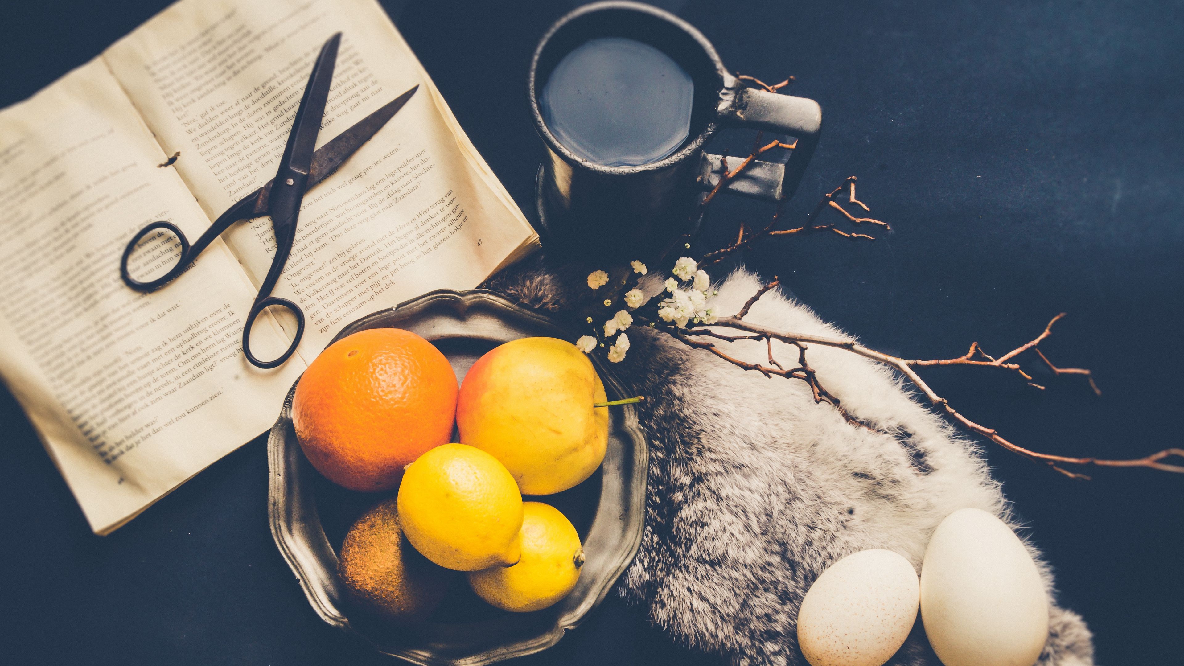 fruit, book, scissors, mug, 4k, HD Wallpaper