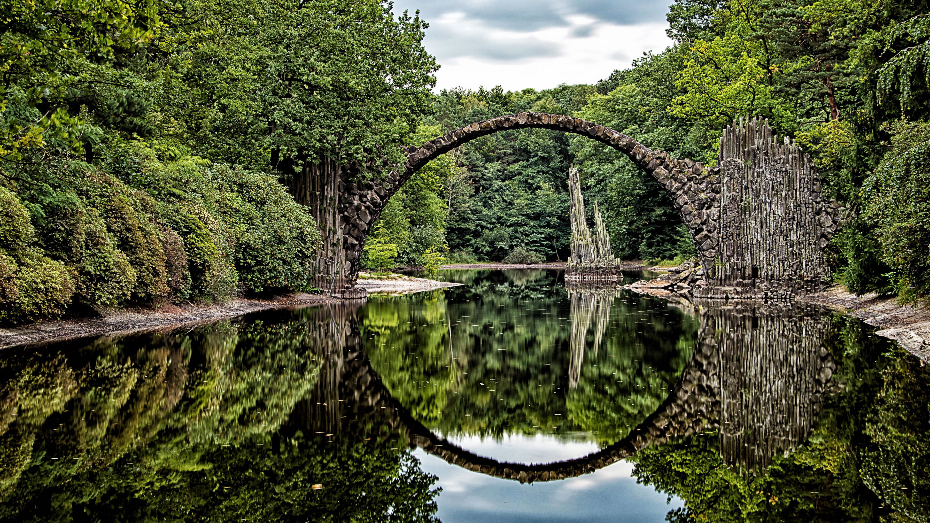 bridge, arch, trees, river, reflection, 4k, HD Wallpaper