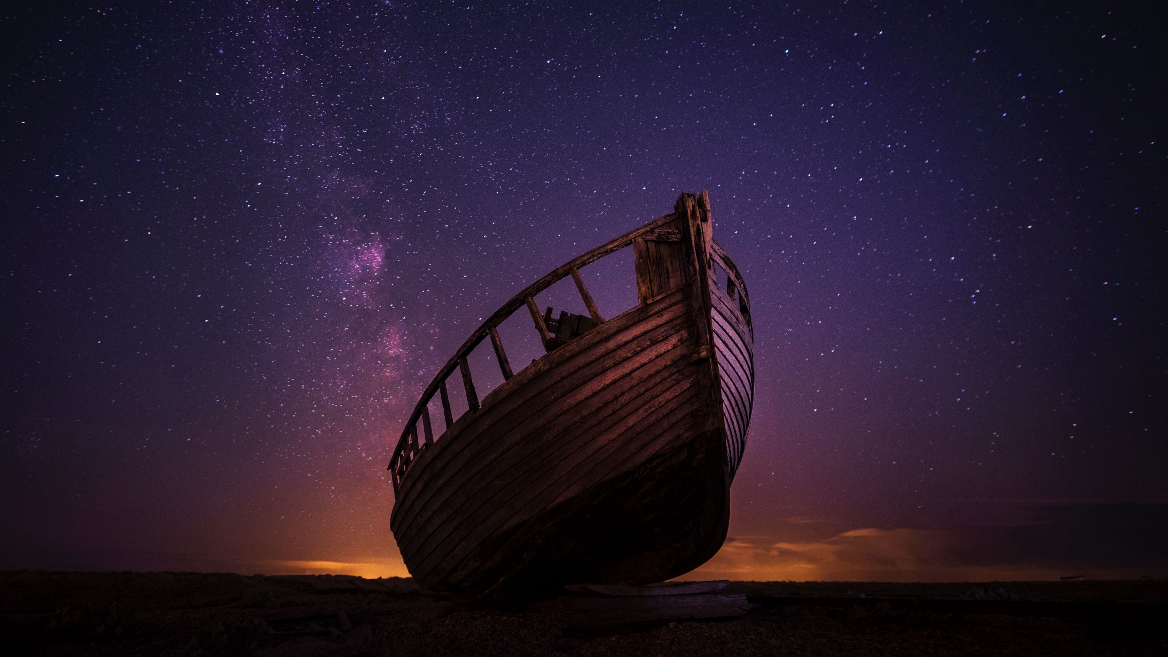 boat, starry sky, night, 4k, HD Wallpaper