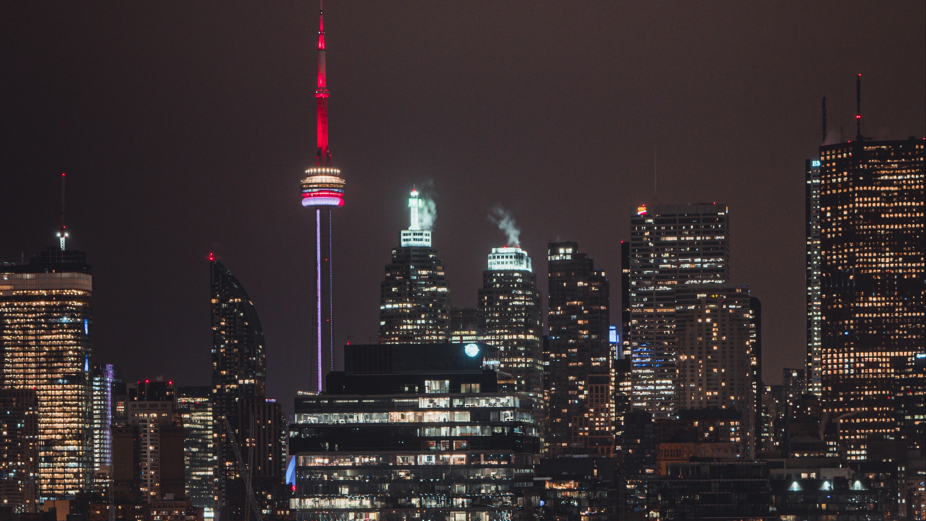 night city, tower, glow, road, 4k, HD Wallpaper