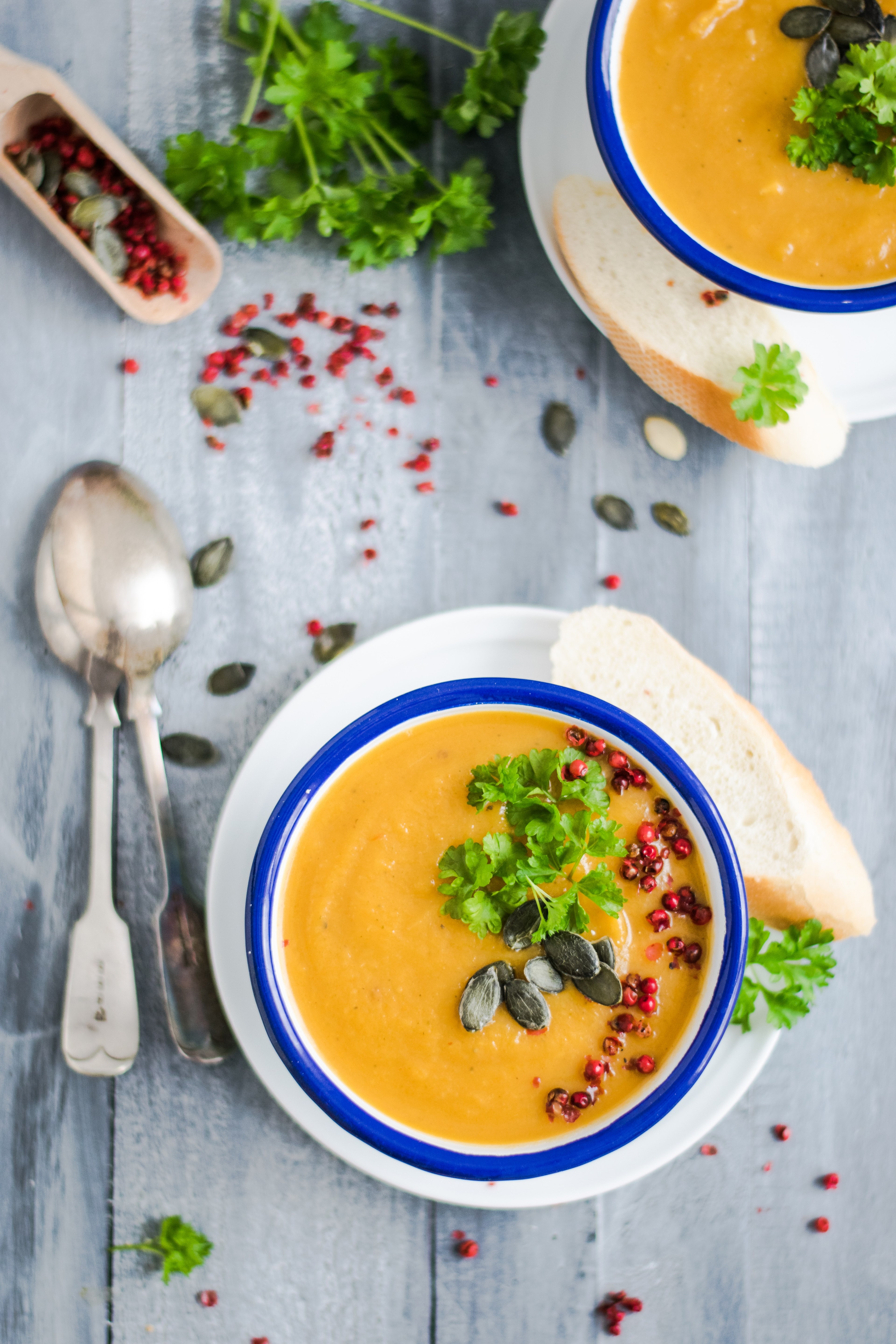 butternut squash soup wit red peppercorns 4k, Phone HD Wallpaper