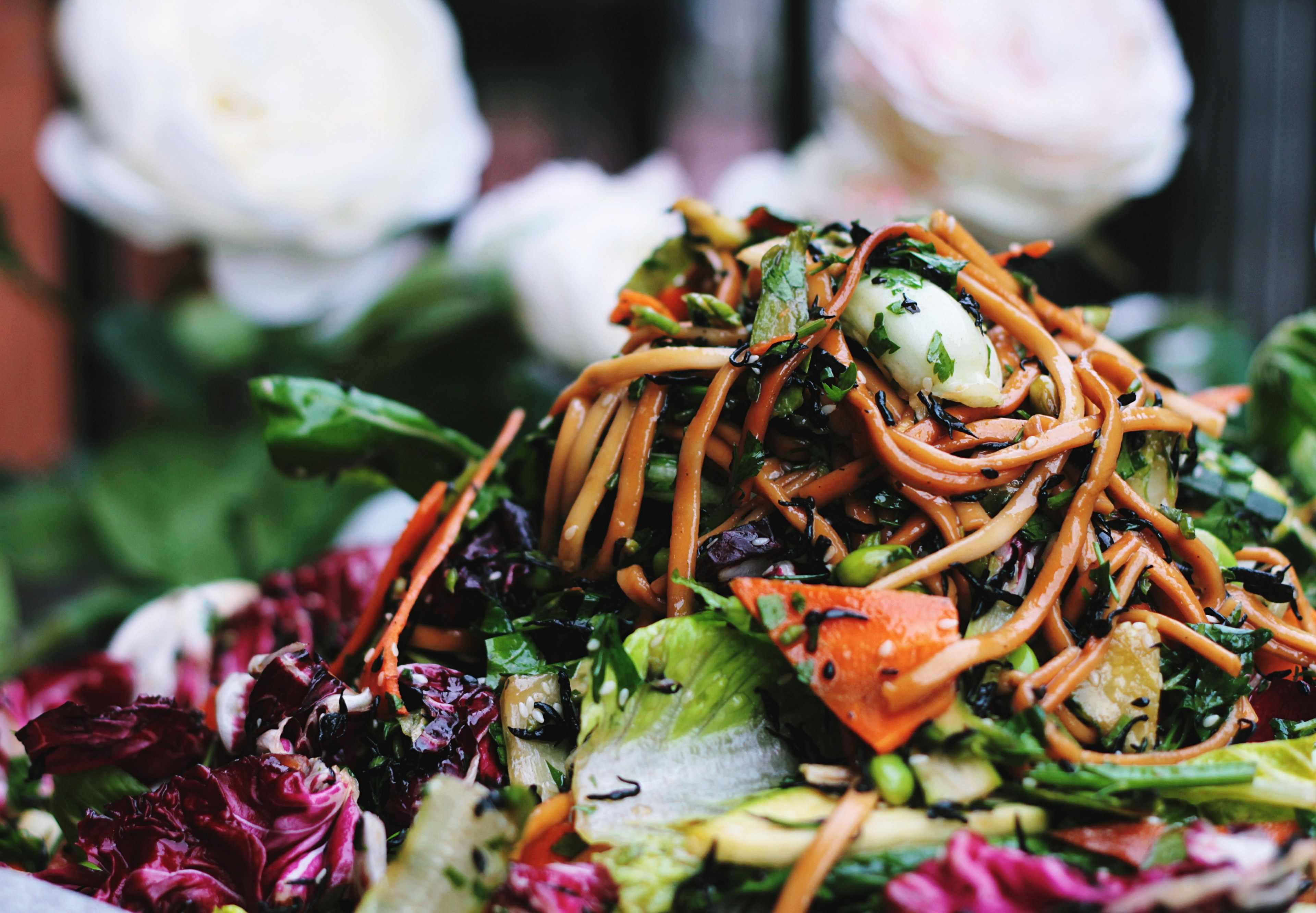 a macro of stir fry noodles with mixed vegetables and leaves, udon salad 4k, HD Wallpaper