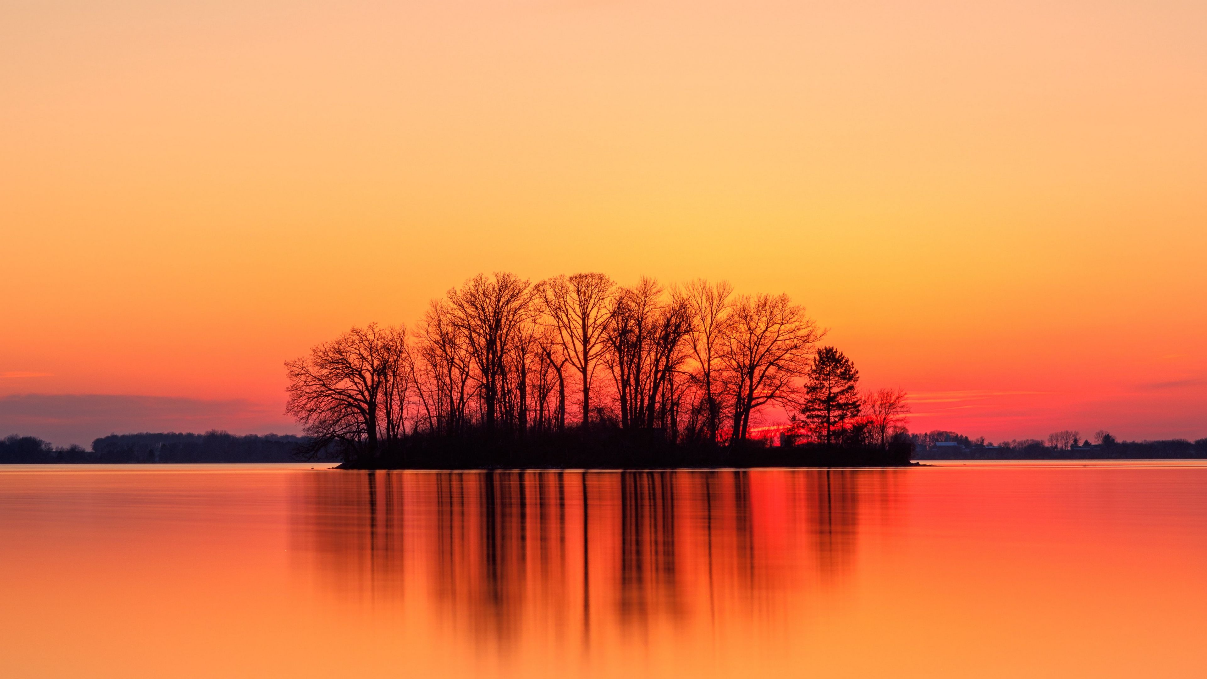island, trees, sunset, horizon, 4k, HD Wallpaper