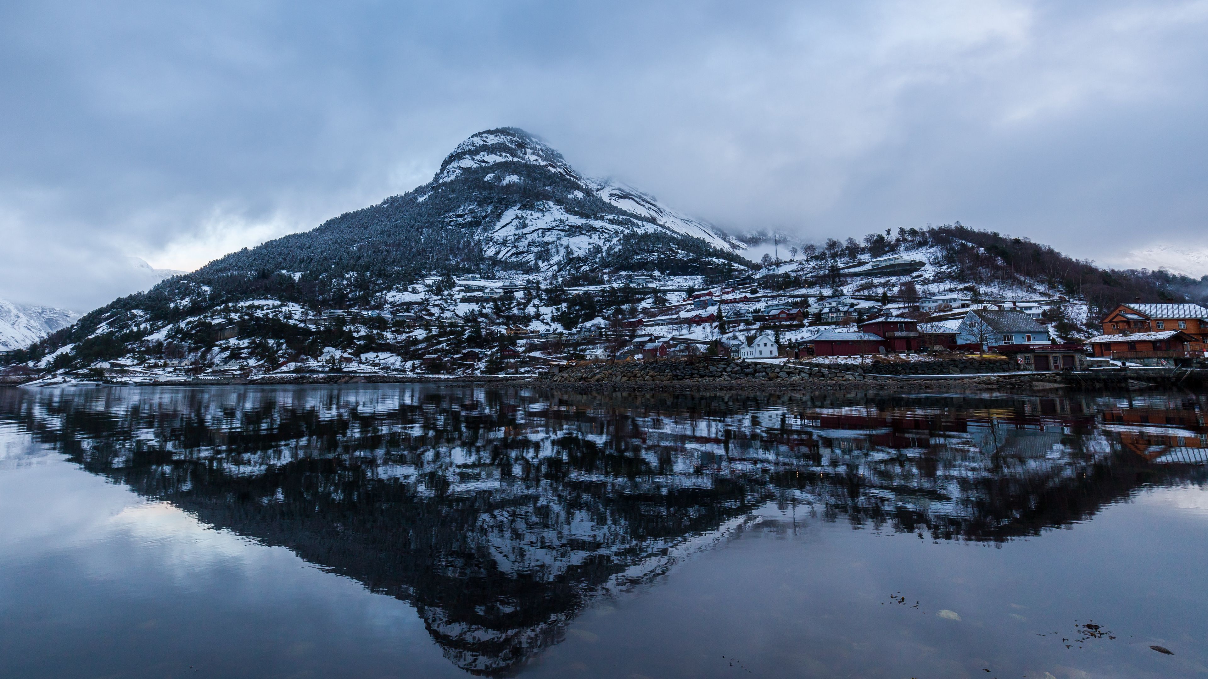 mountains, lake, reflection, fog, 4k, HD Wallpaper