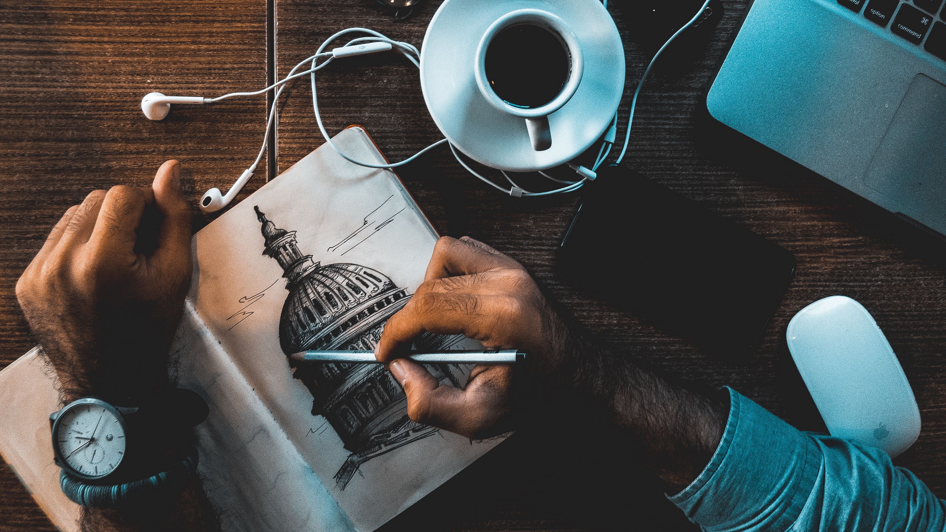 sketch, drawing, headphones, cup, table, 4k, HD Wallpaper