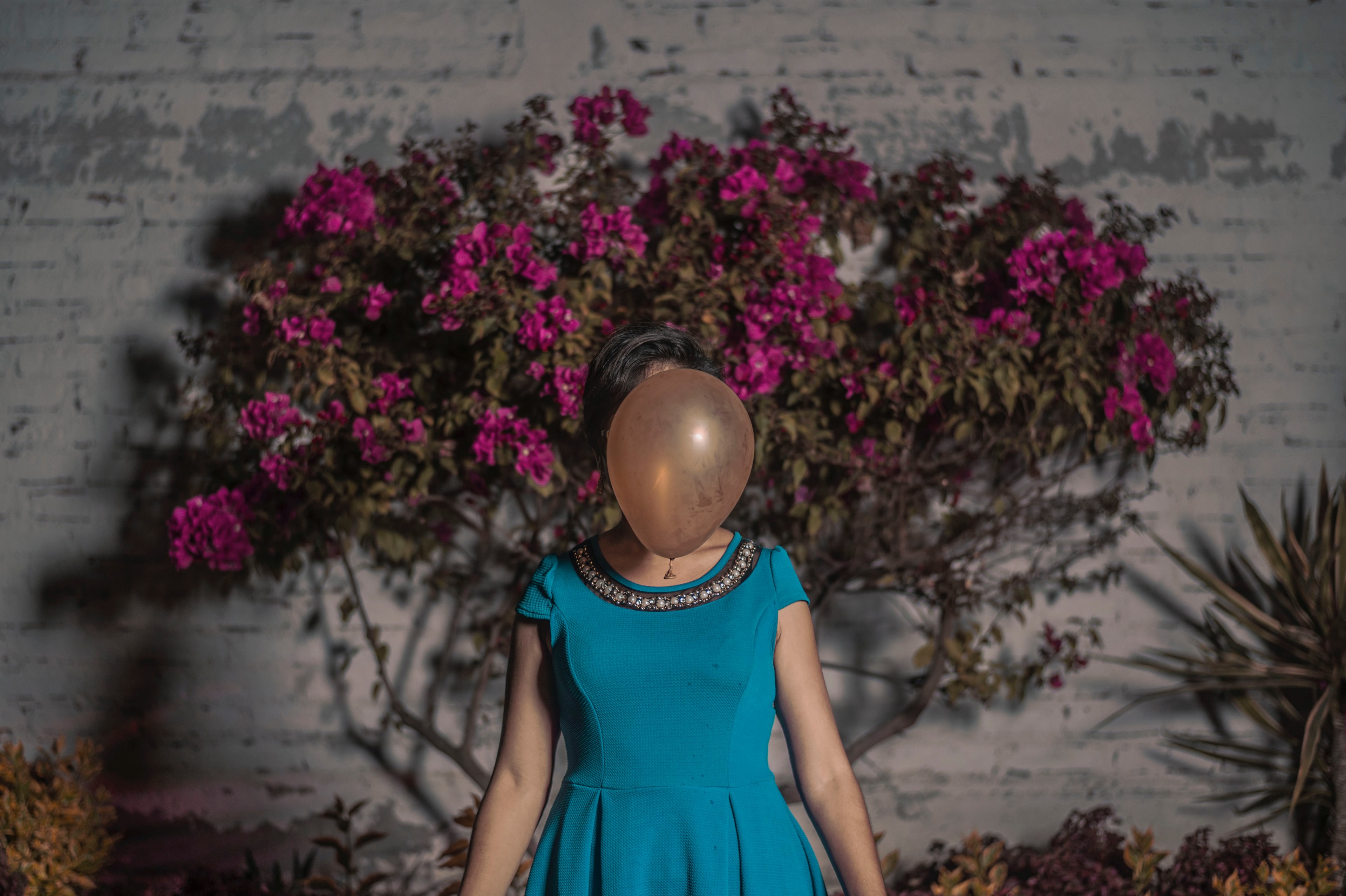 a woman in front of a flowering tree with her face covered by a balloon, women in the air 4k, HD Wallpaper