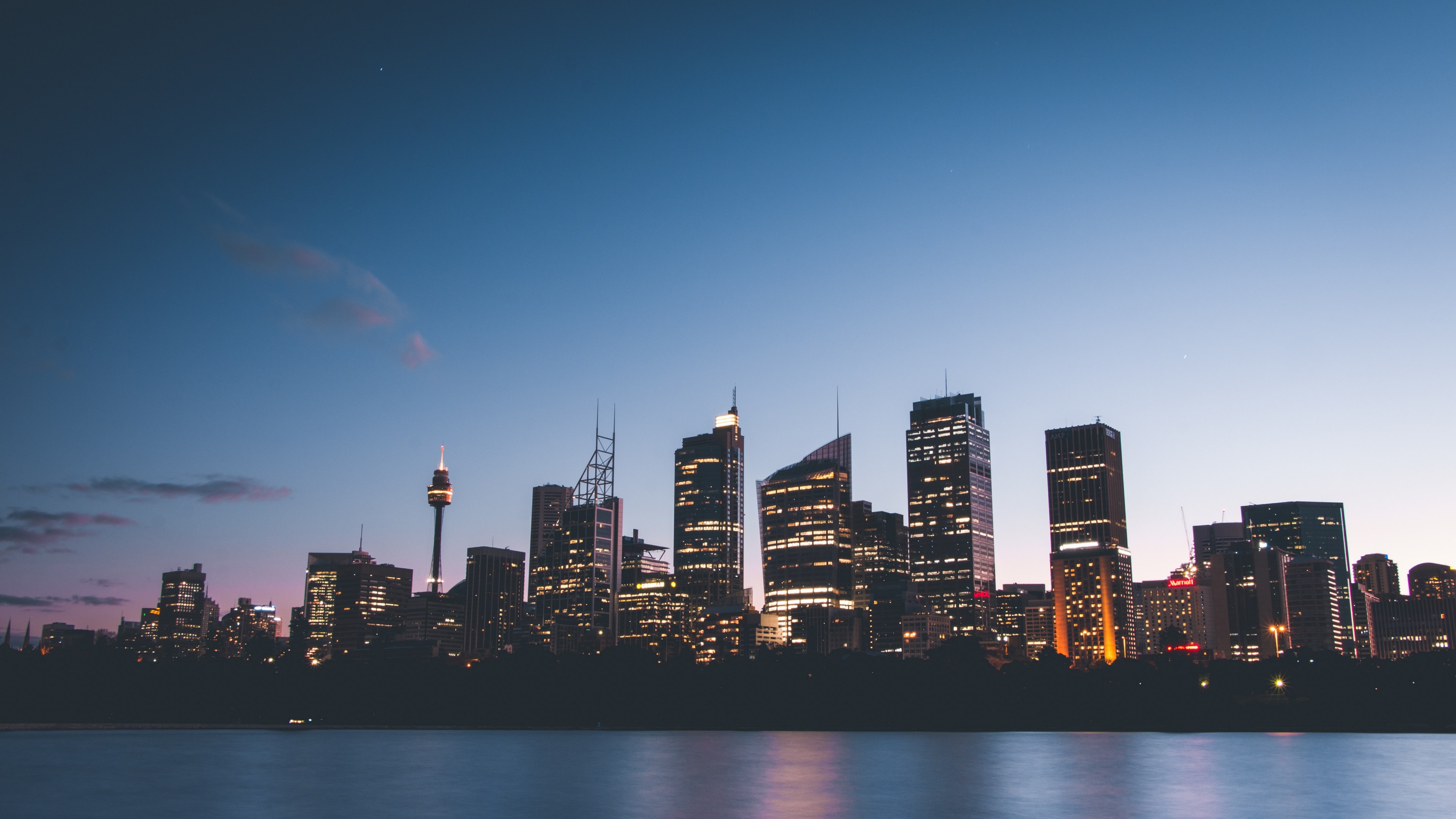 a metropolitan skyline seen from the water in the evening, metropolitan skyline 4k, HD Wallpaper