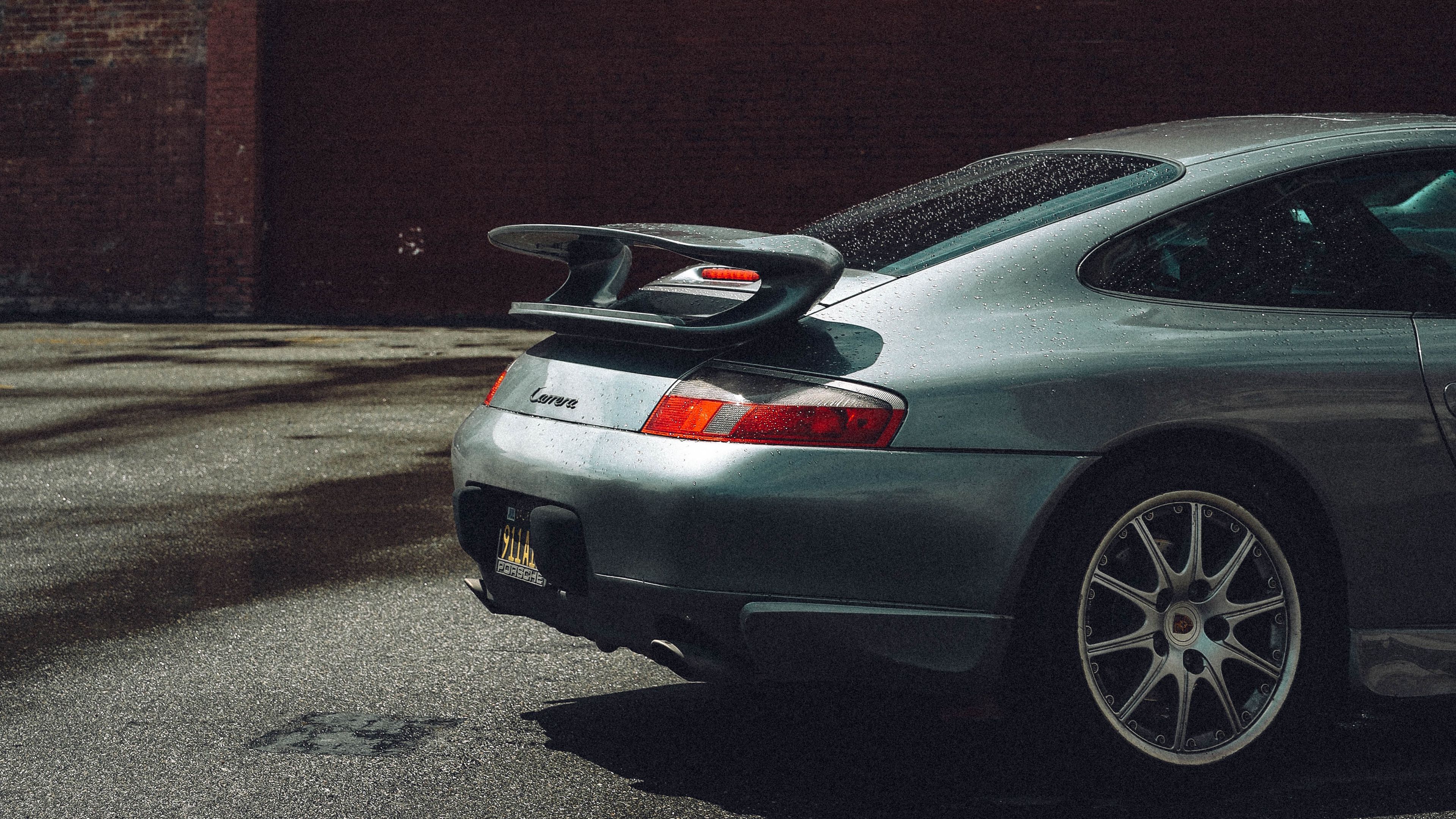 car, headlights, spoiler, gray, inscription, 4k, HD Wallpaper