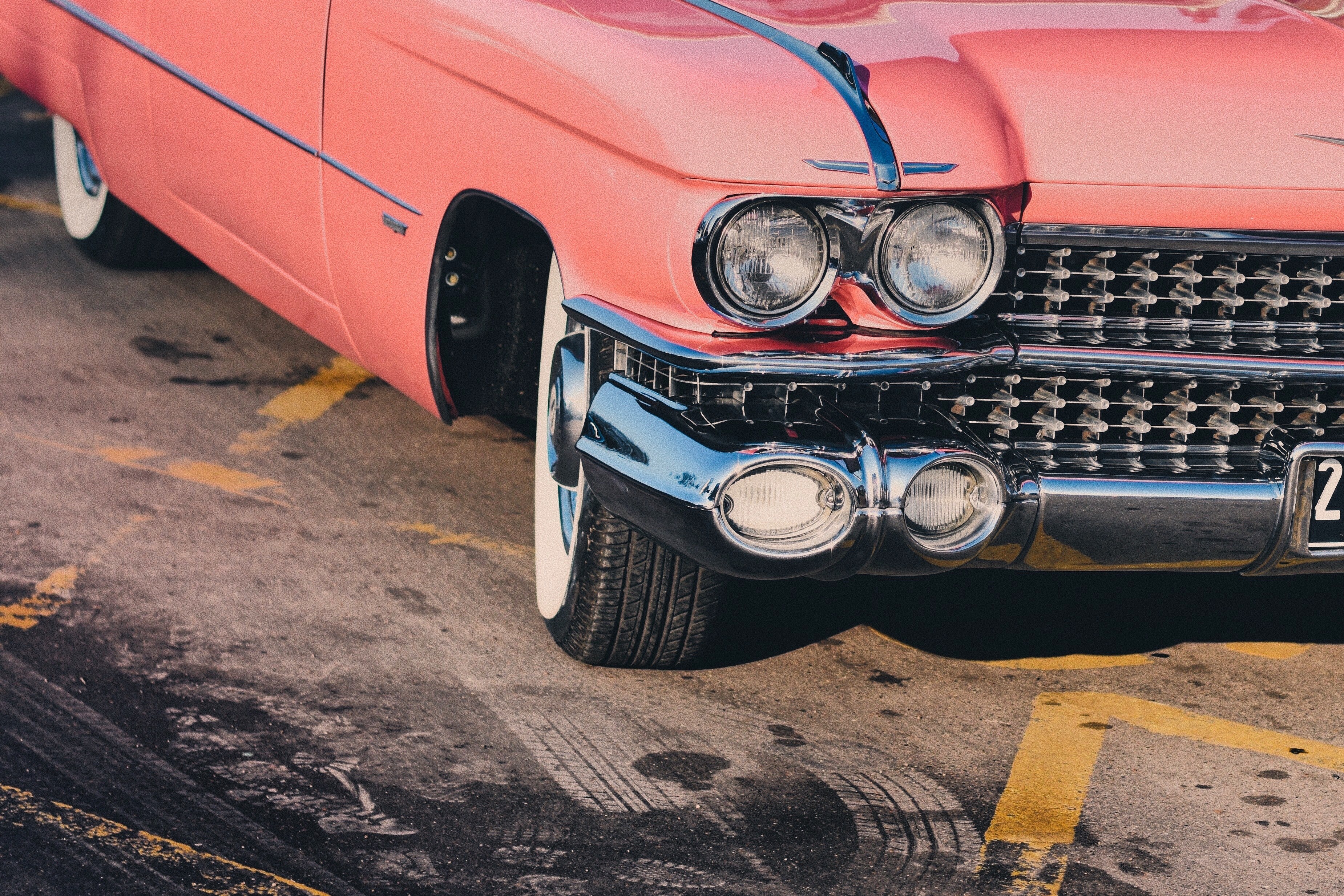 a shot of the front right view of a classic pink chevrolet behind the skid marks, _classic pink chevrolet 4k, HD Wallpaper