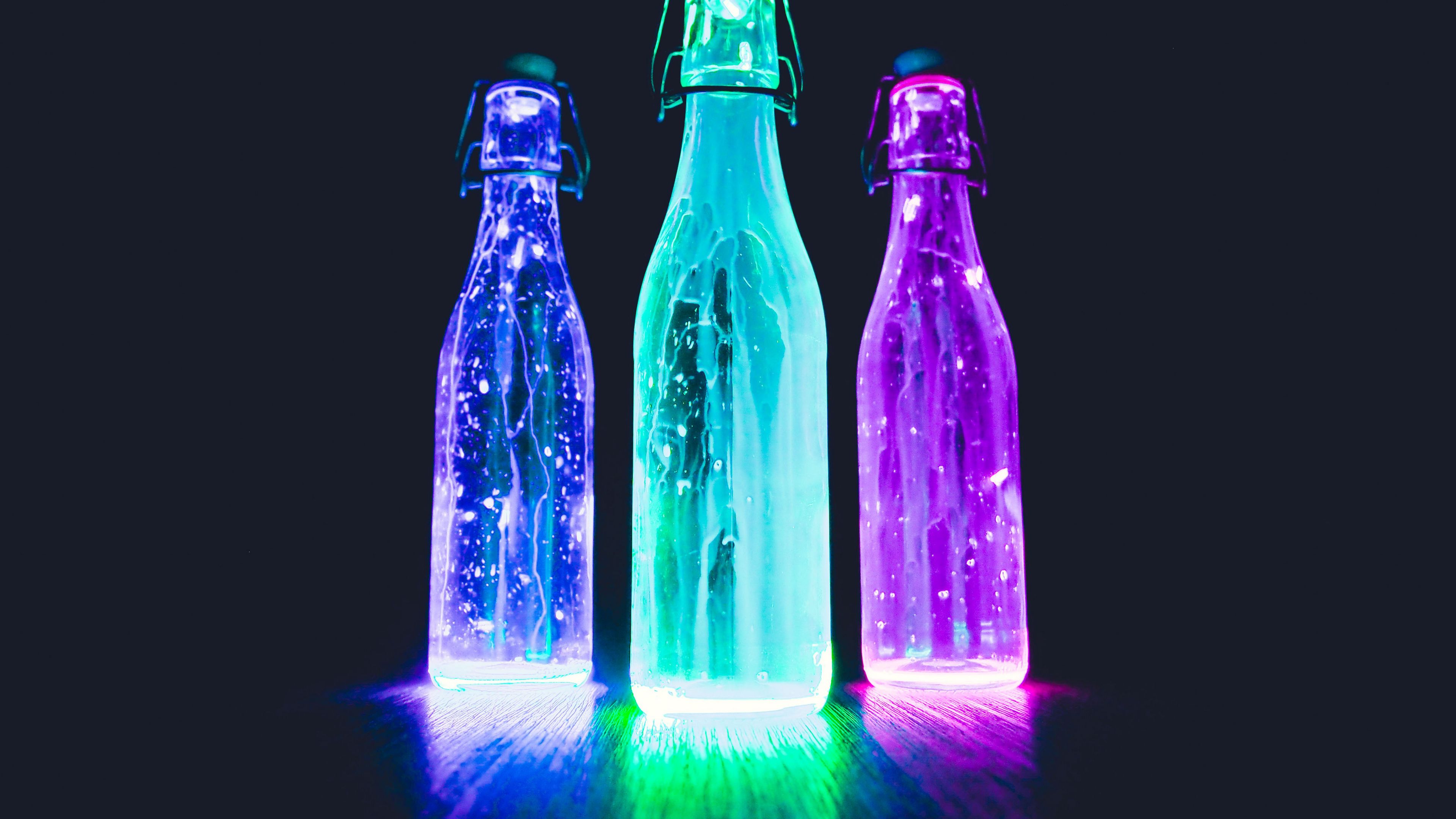 bottles, neon, light, liquid, 4k, HD Wallpaper