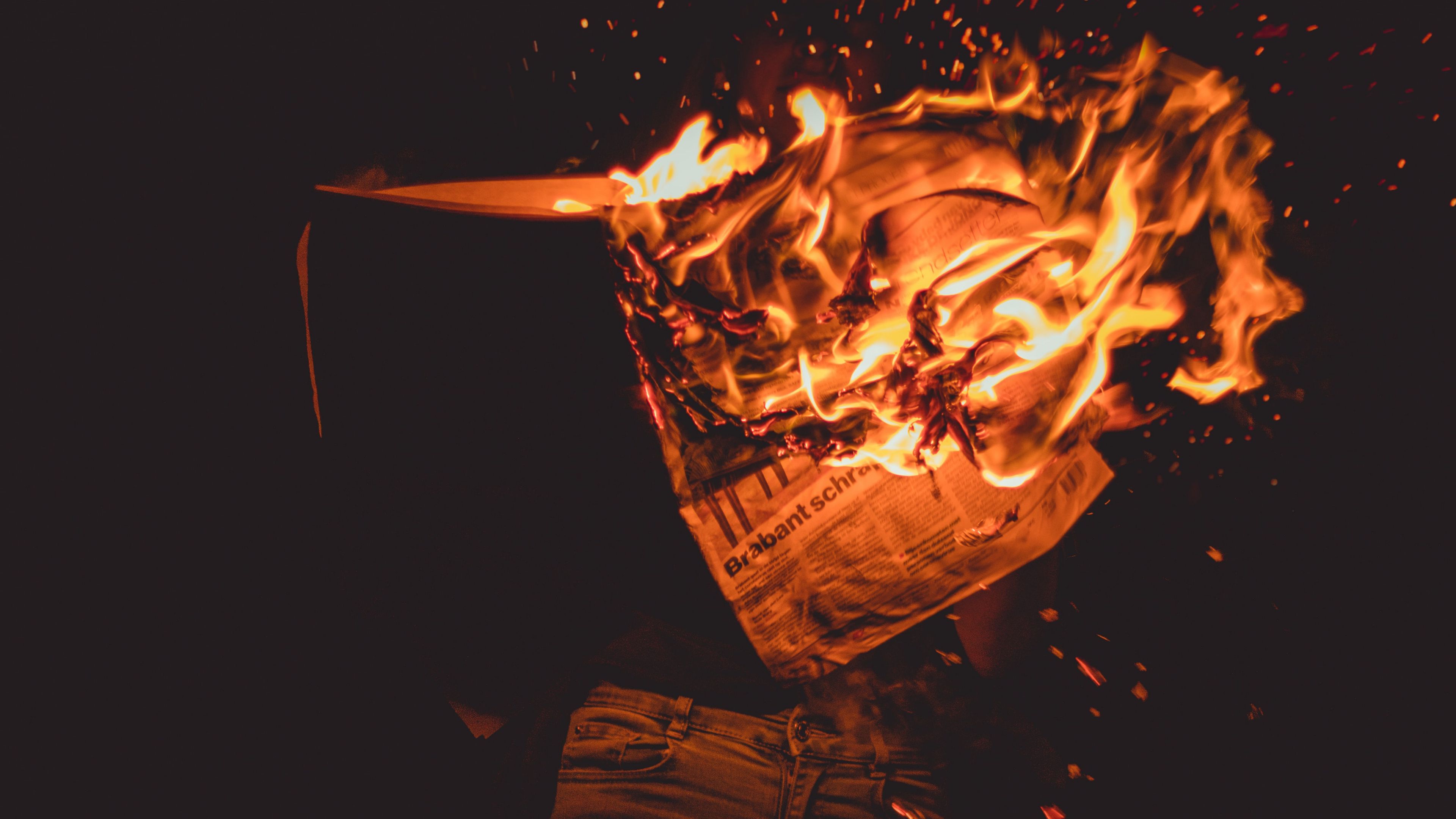fire, sparks, newspaper, dark, 4k, HD Wallpaper