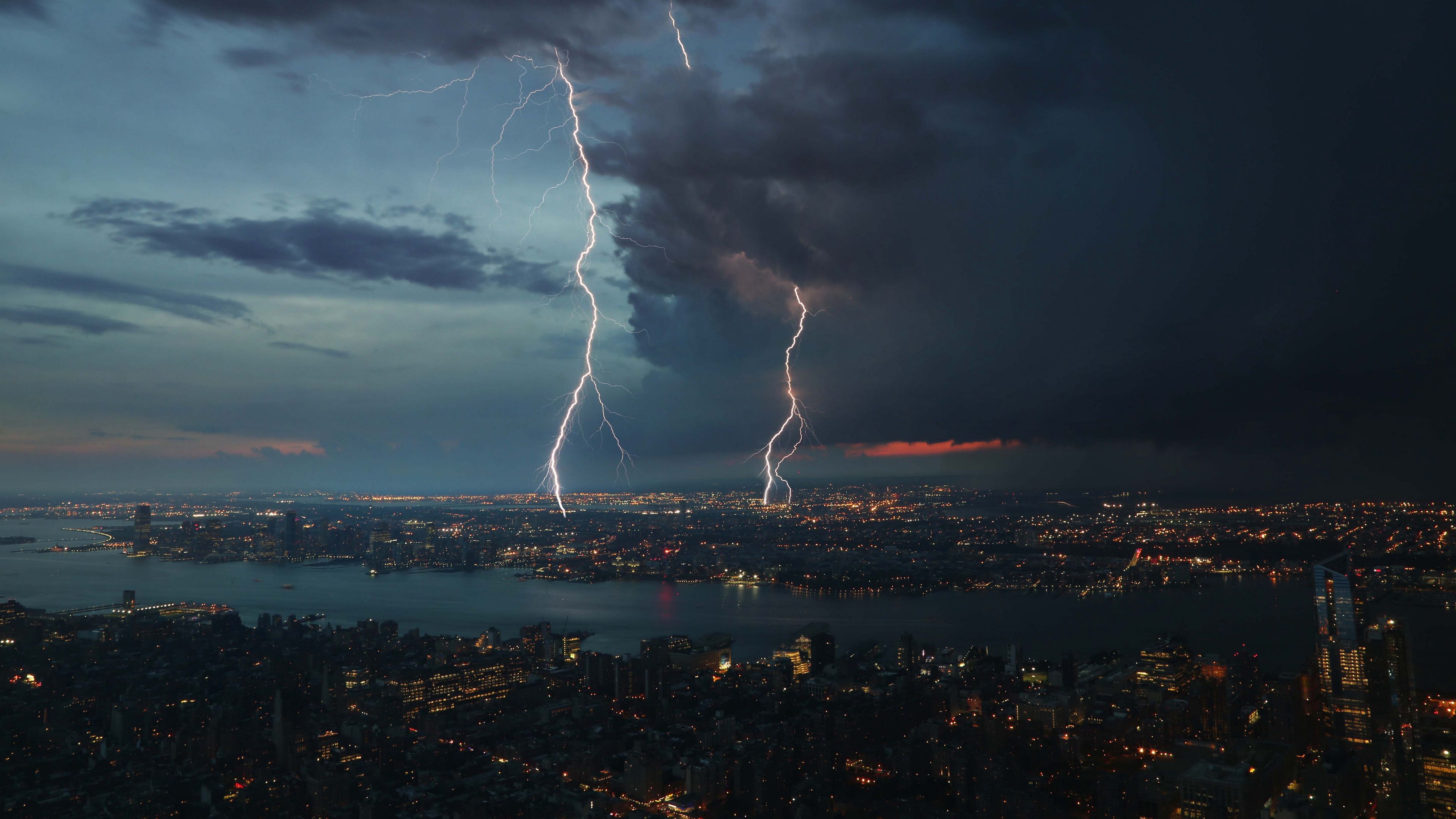 night city, thunderstorm, top view, 4k, HD Wallpaper
