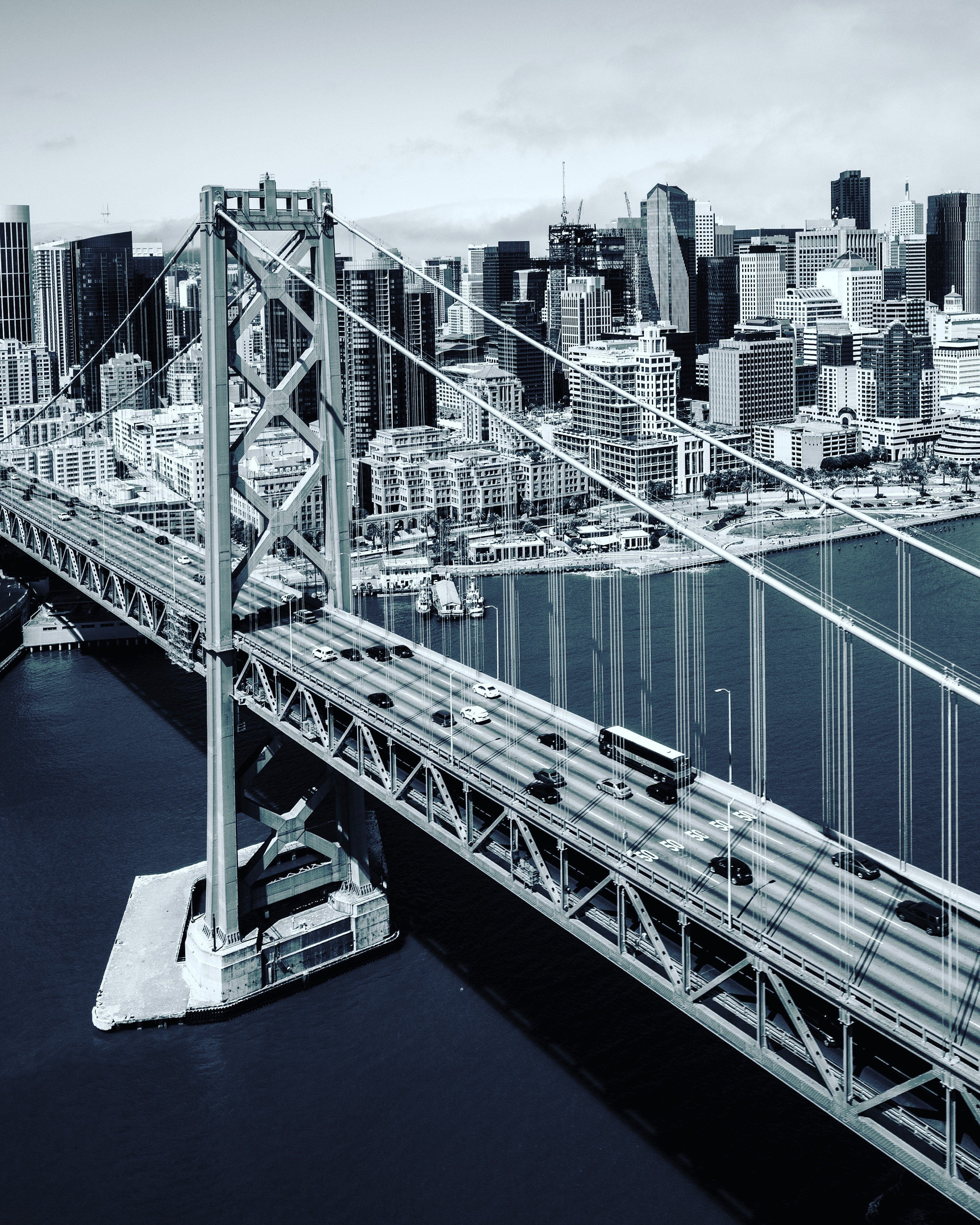 a black and white aerial shot of the bridge connecting san francisco to oakland, san francisco oakland bridge 4k, Phone HD Wallpaper