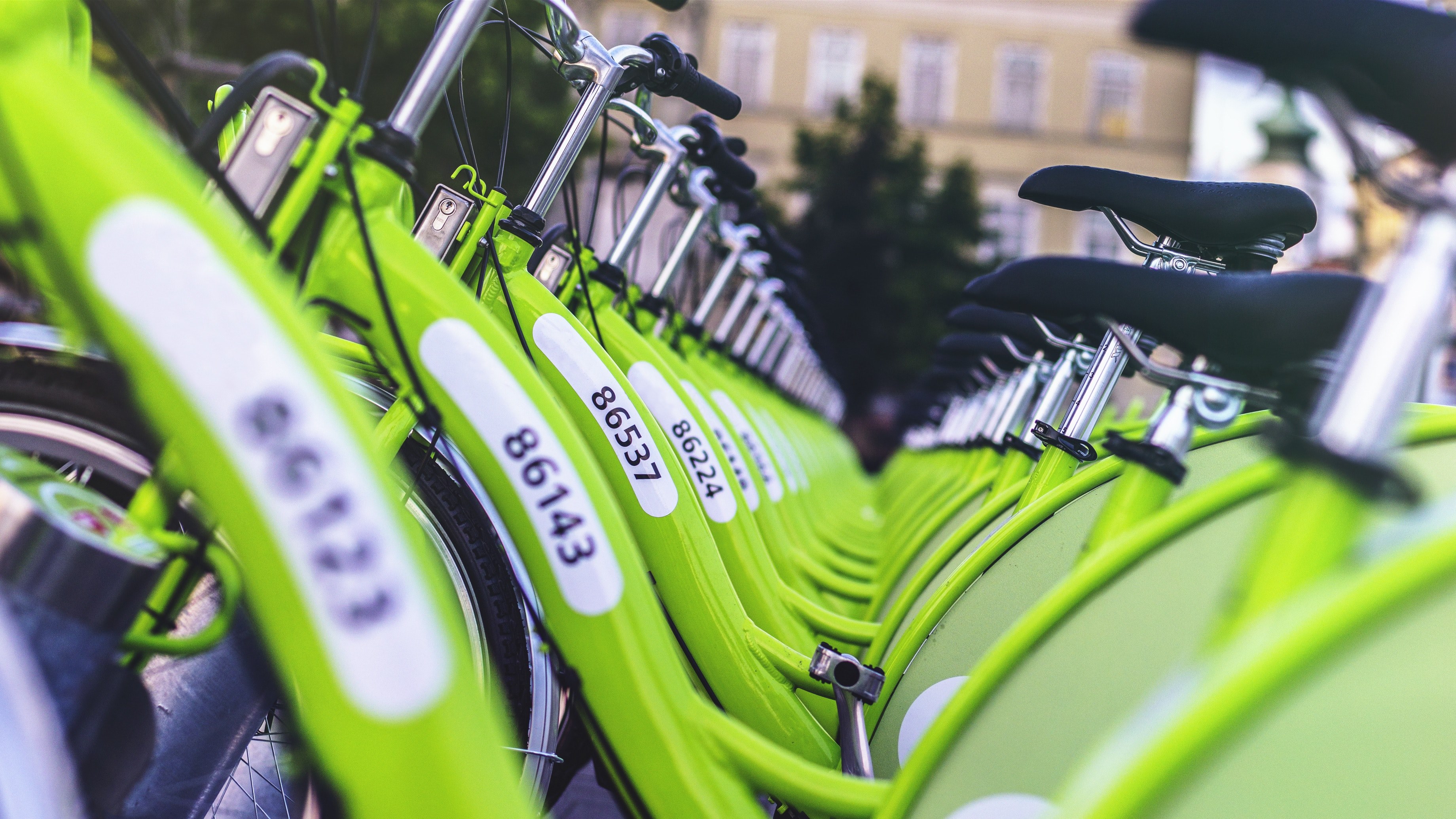 line of green rental bikes form a v pattern, bicycles for rent 4k, HD Wallpaper