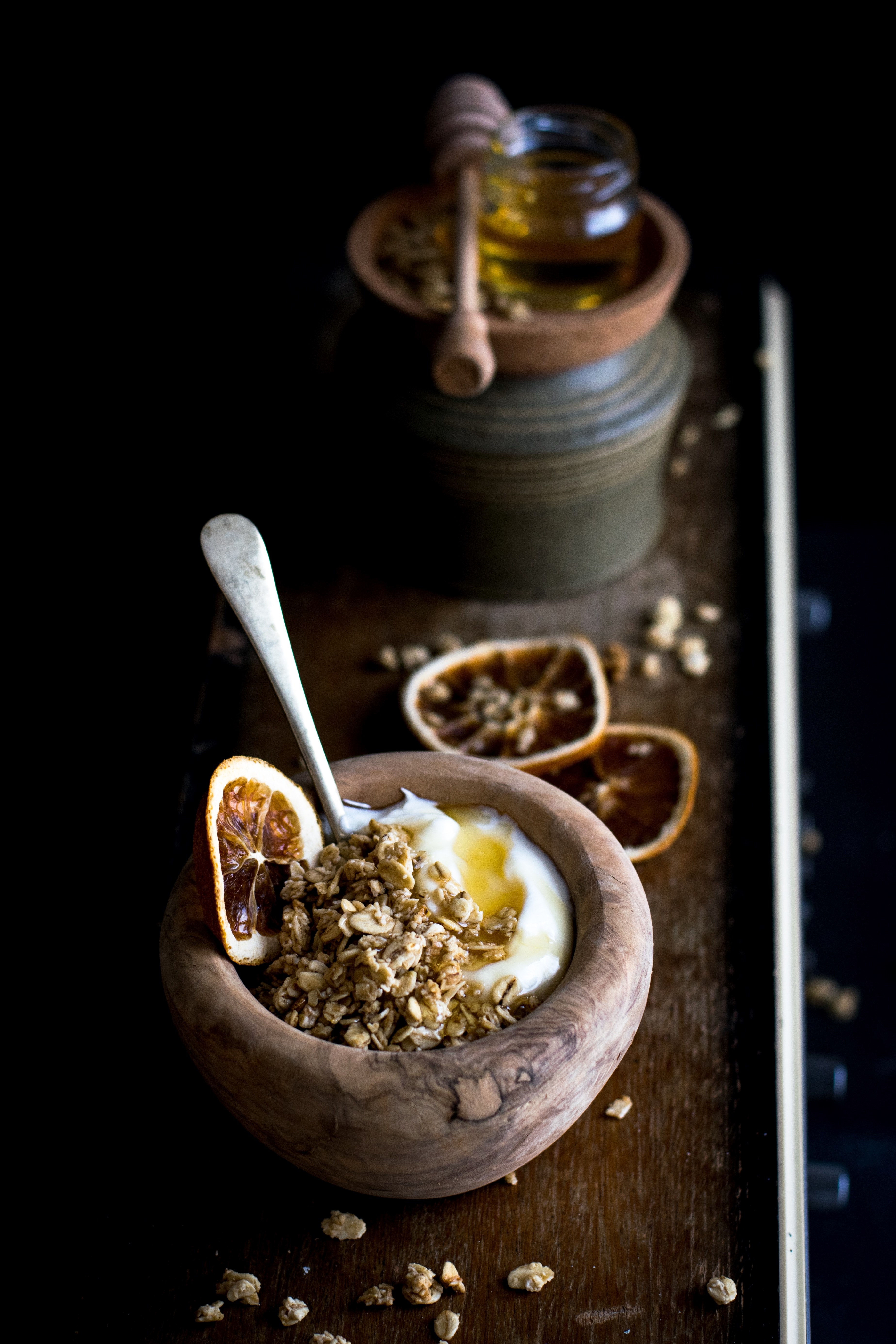 greek yoghurt with coconut granola and honey 4k, Phone HD Wallpaper