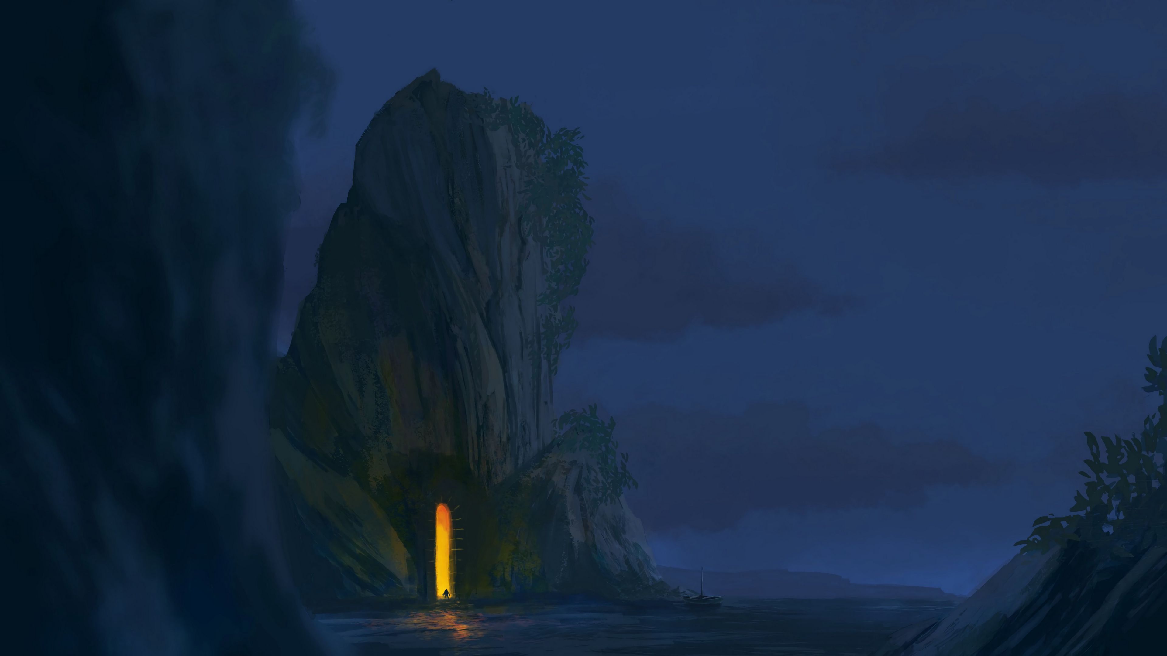 rock, cave, traveler, art, 4k, HD Wallpaper