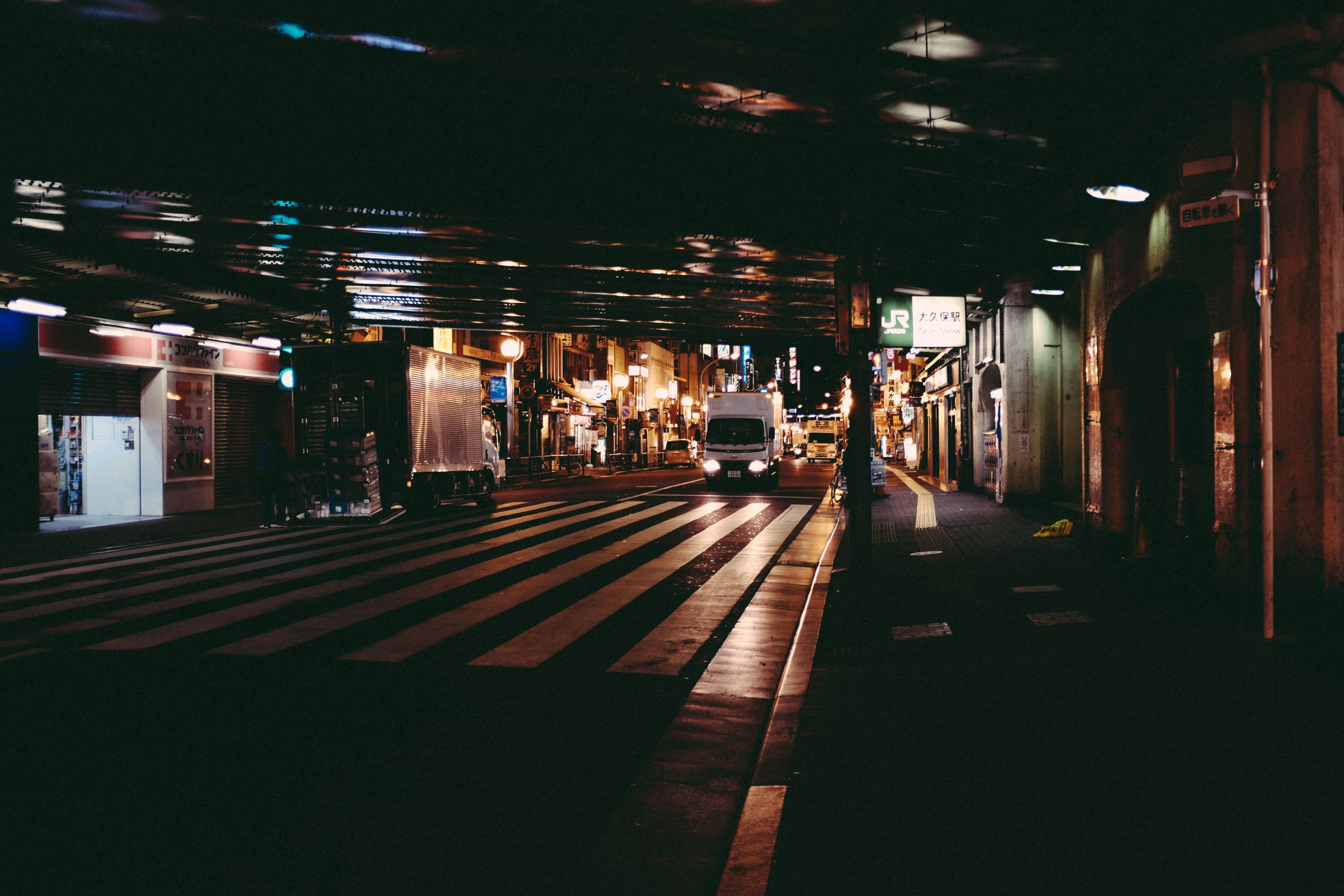trucks going through a tunnel in front of a pedestrian crossing, late night driving 4k, HD Wallpaper