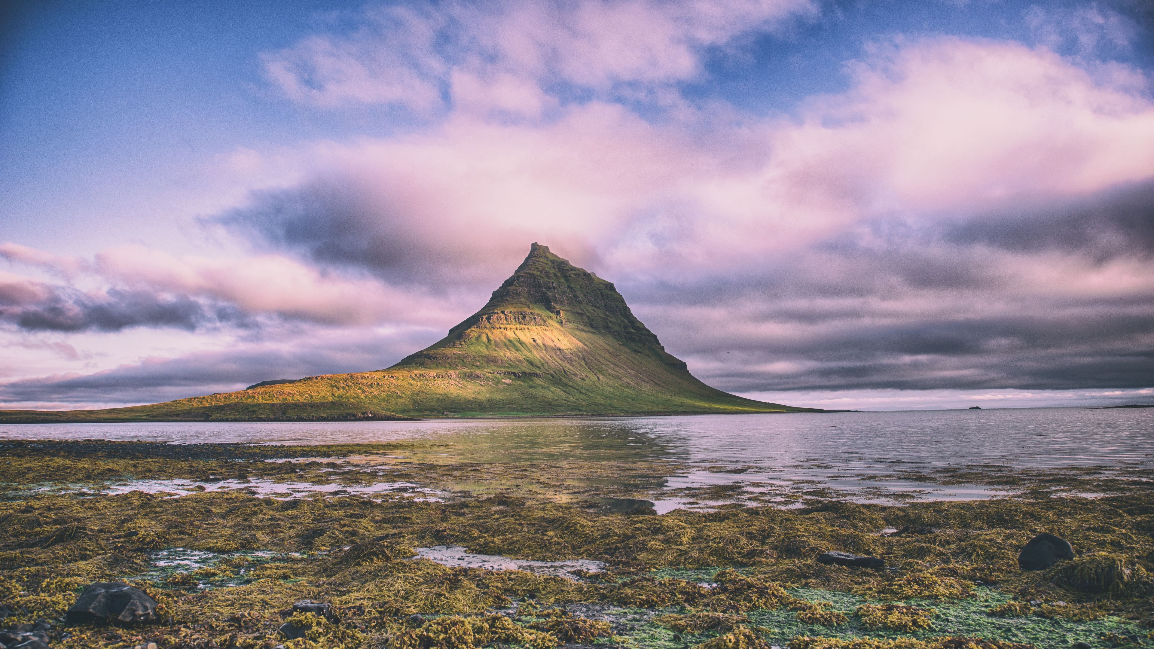 mountains, grass, sea, sky, 4k, HD Wallpaper