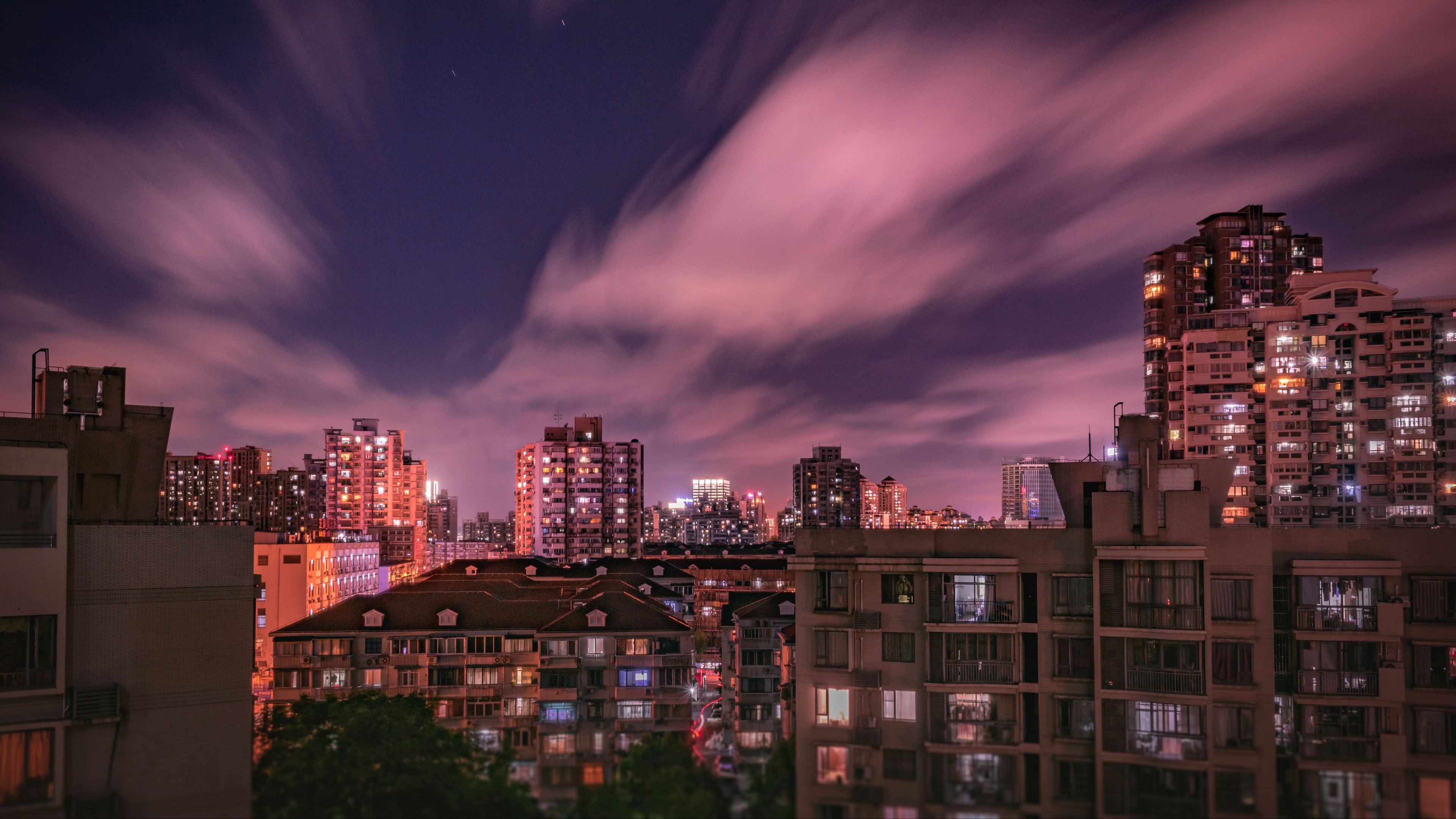buildings, sky, night, 4k, HD Wallpaper