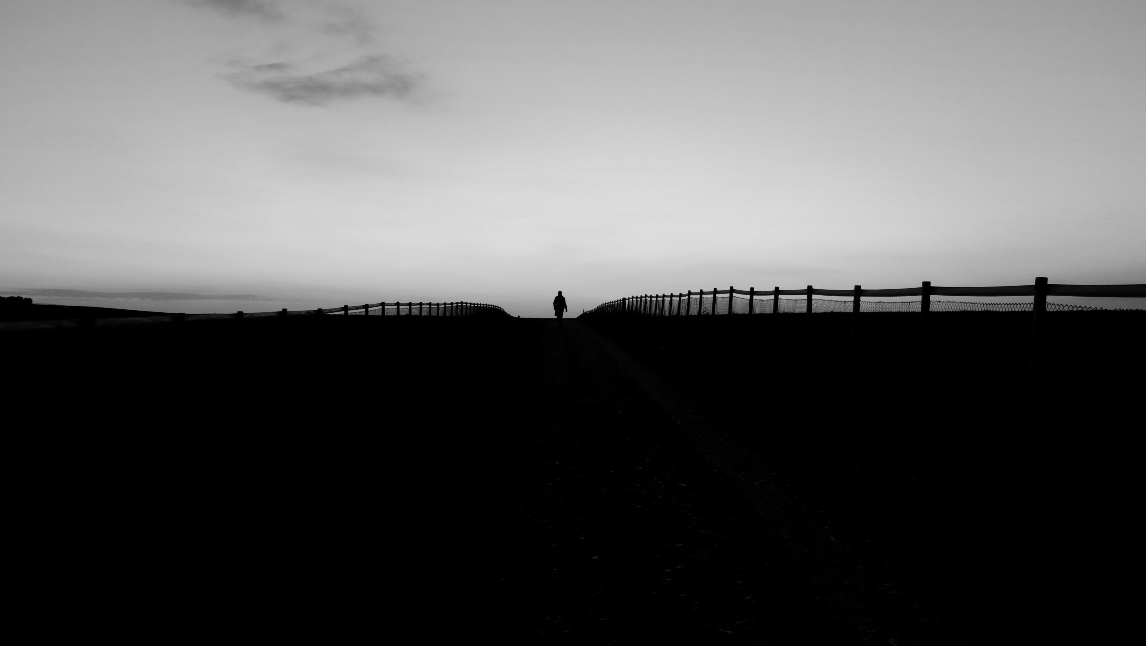 black and white silhouette shot of person walking on horizon with wooden fence, horizon person silhouette 4k, HD Wallpaper