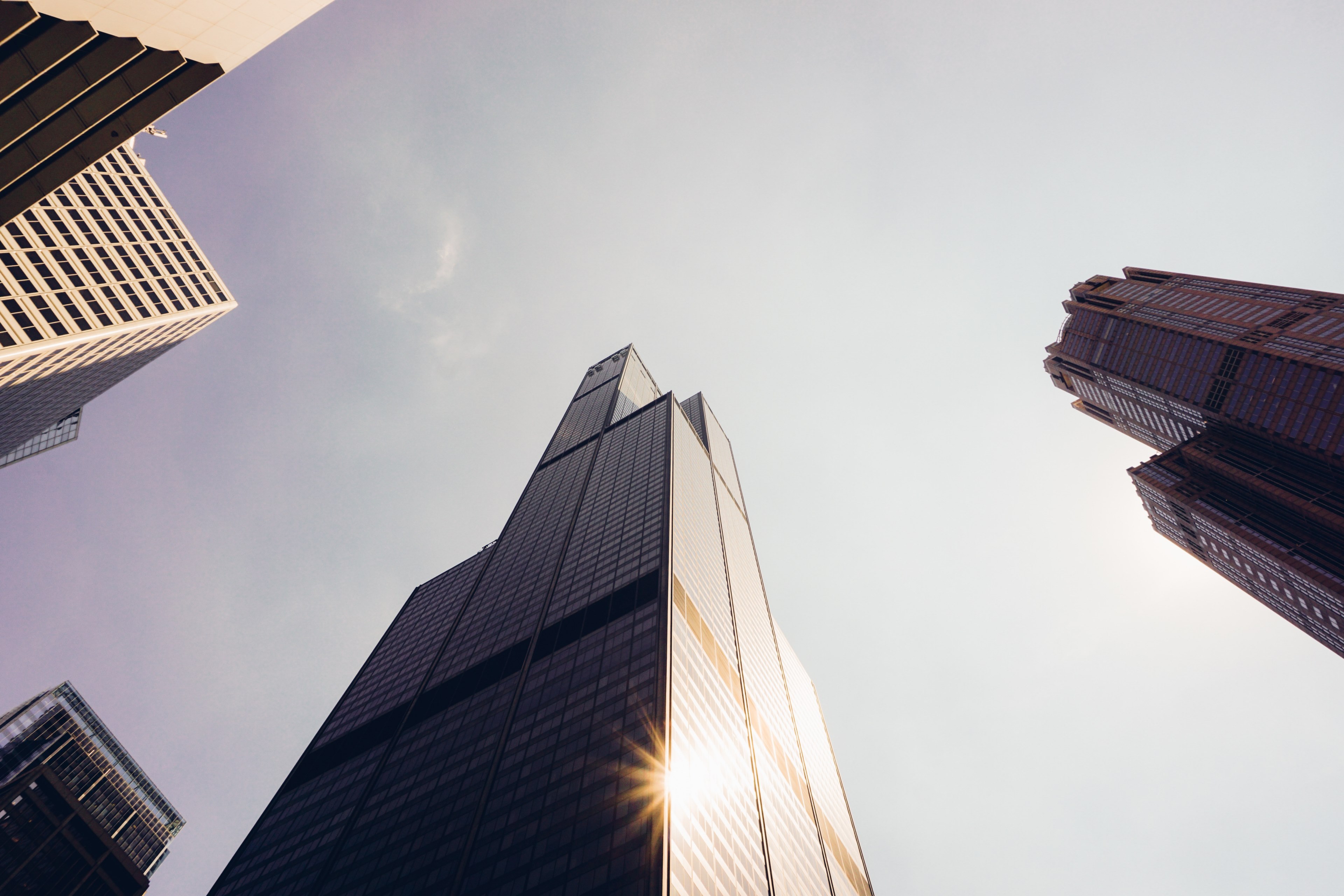 a low angle shot of shining sun reflected in the windows of skyscrapers in chicago, sun in skyscraper windows 4k, HD Wallpaper