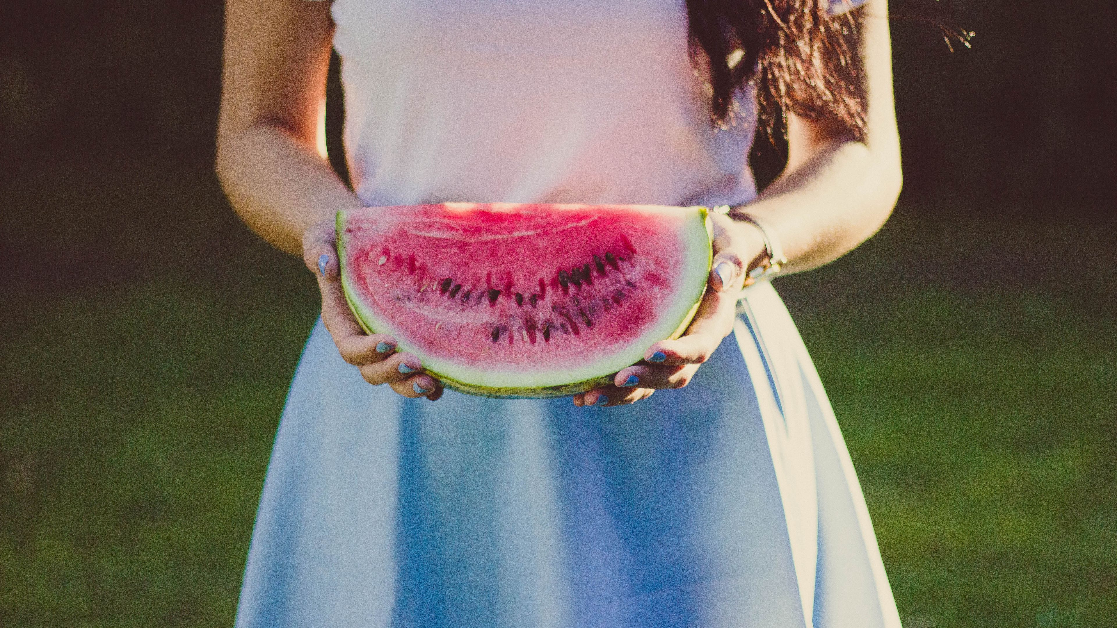 watermelon, girl, hands, dress, 4k, HD Wallpaper