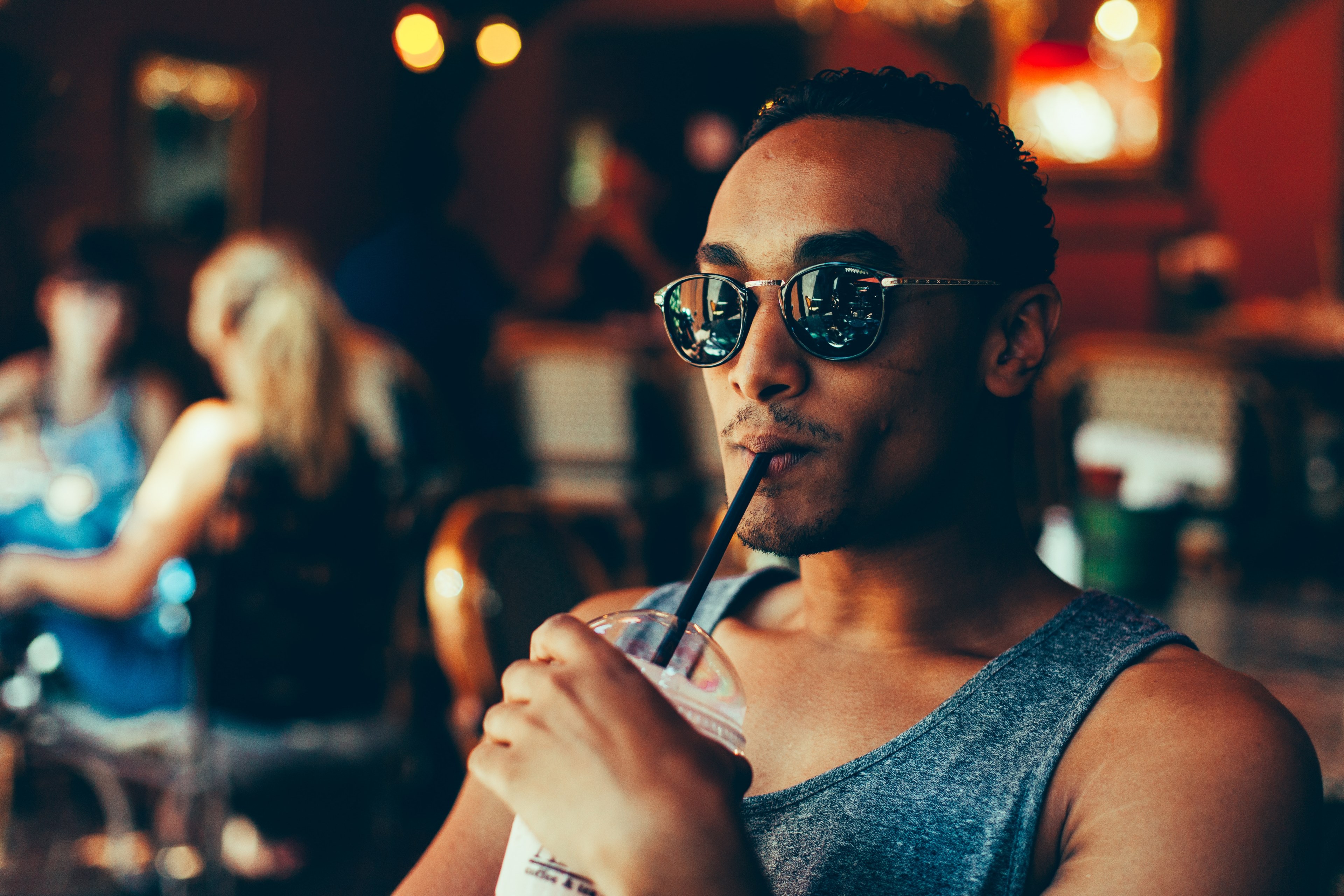 man sunglass person and drink 4k, HD Wallpaper