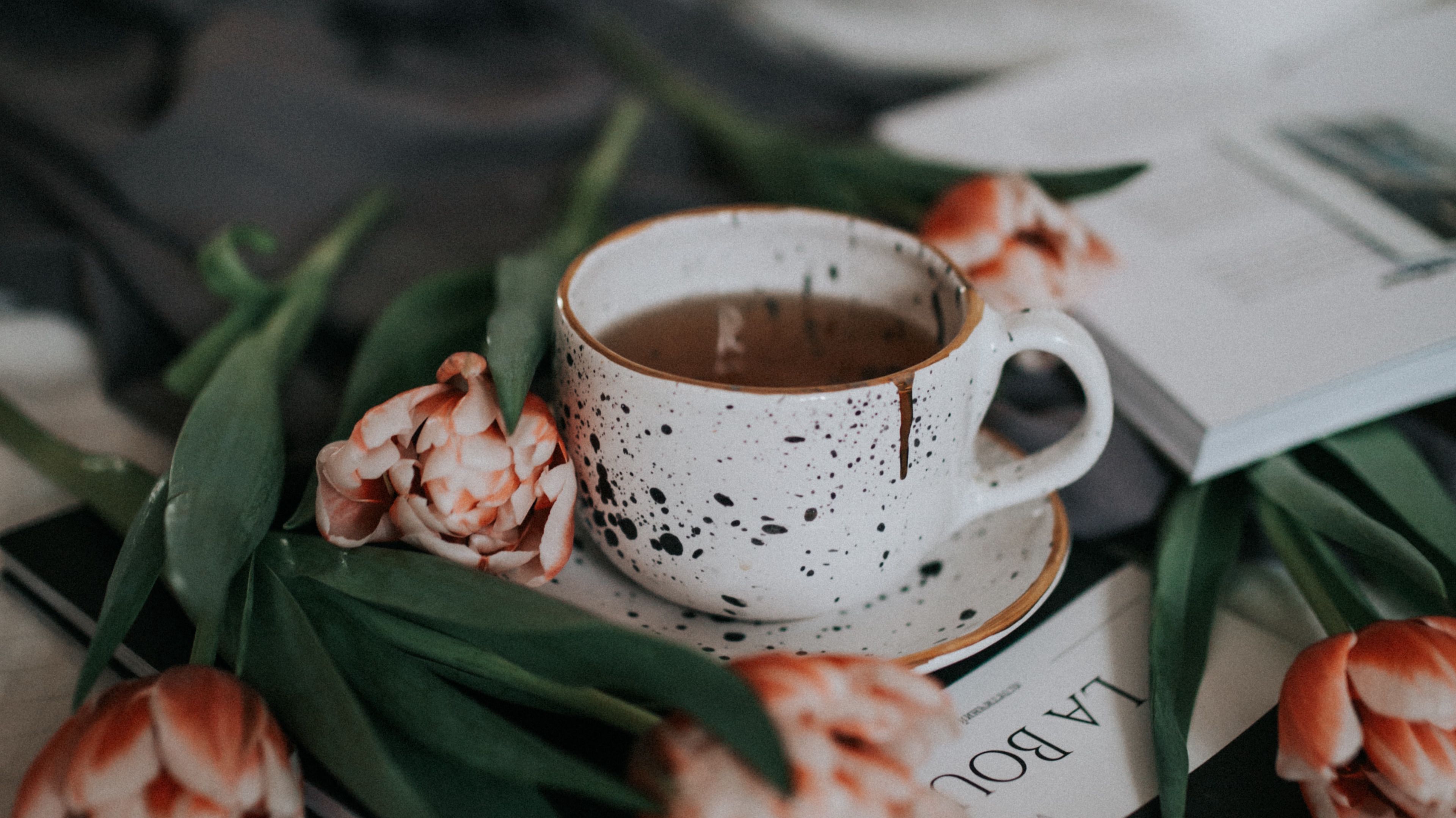 cup, tea, flowers, still life, 4k, HD Wallpaper