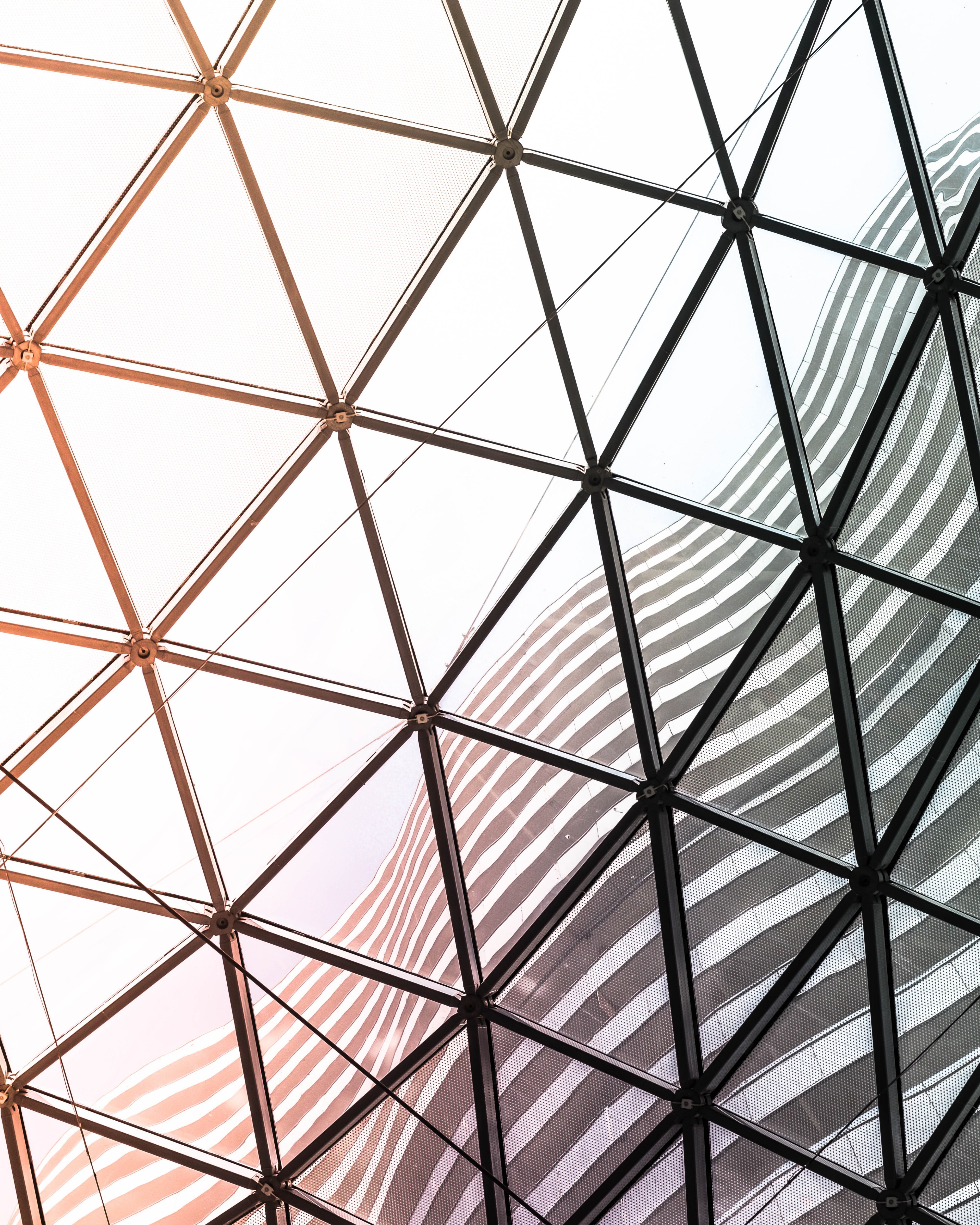 a glass dome with beams arranged in a triangle pattern, triangles in a glass dome 4k, Phone HD Wallpaper