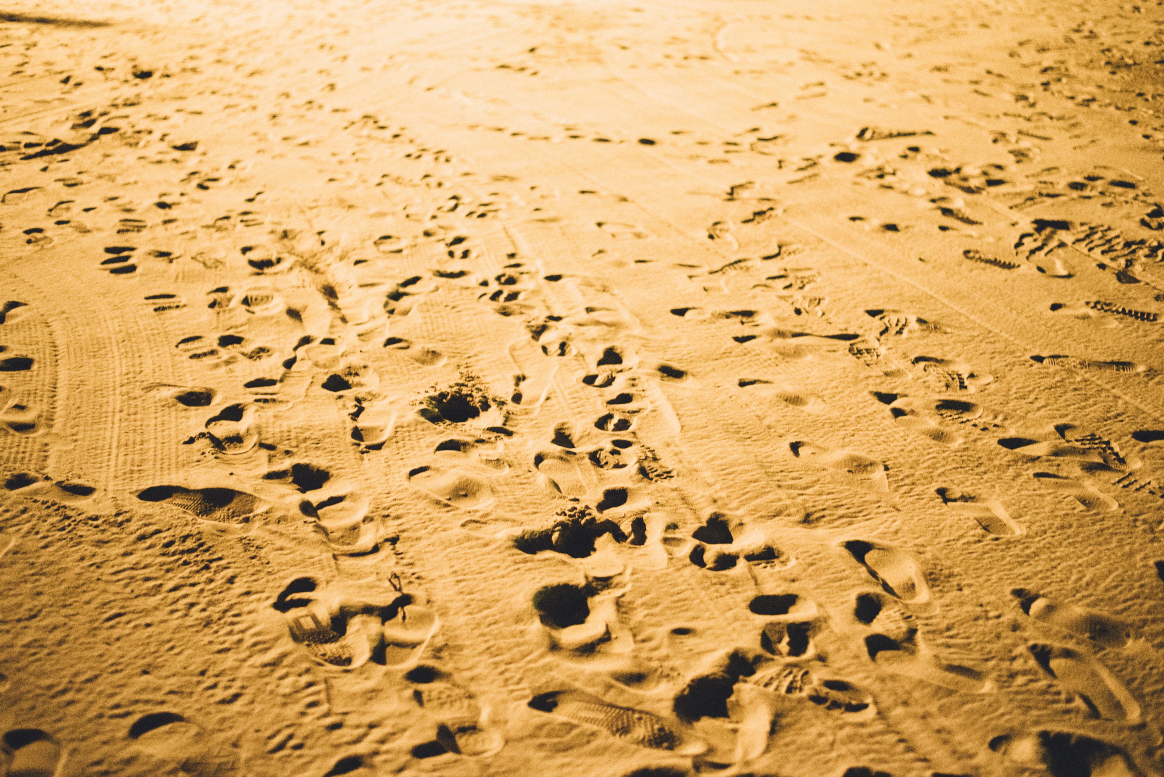 footprints cover the sand on a desert beach, footsteps through the sand 4k, HD Wallpaper