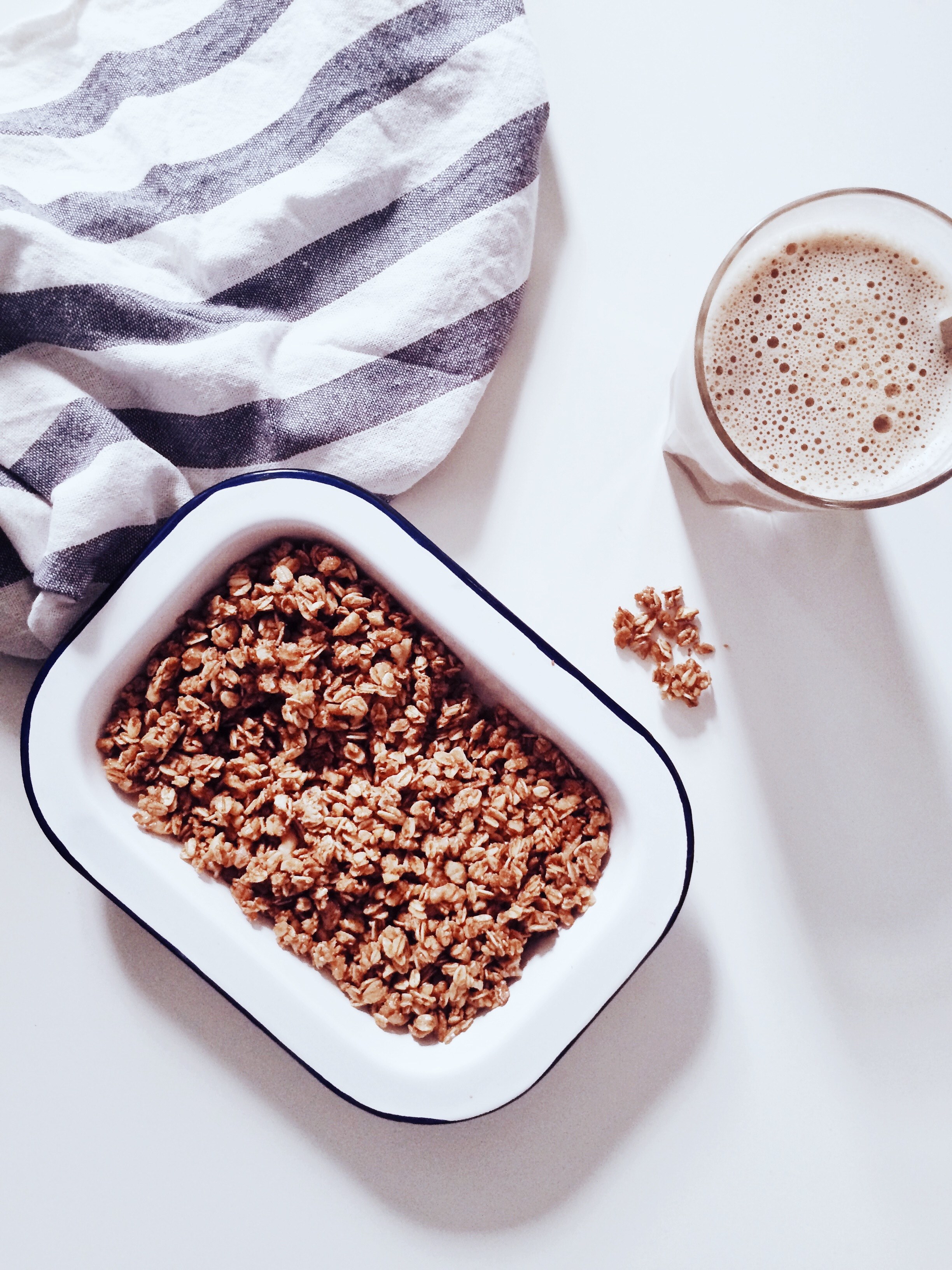 tray of healthy homemade granola with a smoothie for breakfast, granola and a smoothie 4k, Phone HD Wallpaper