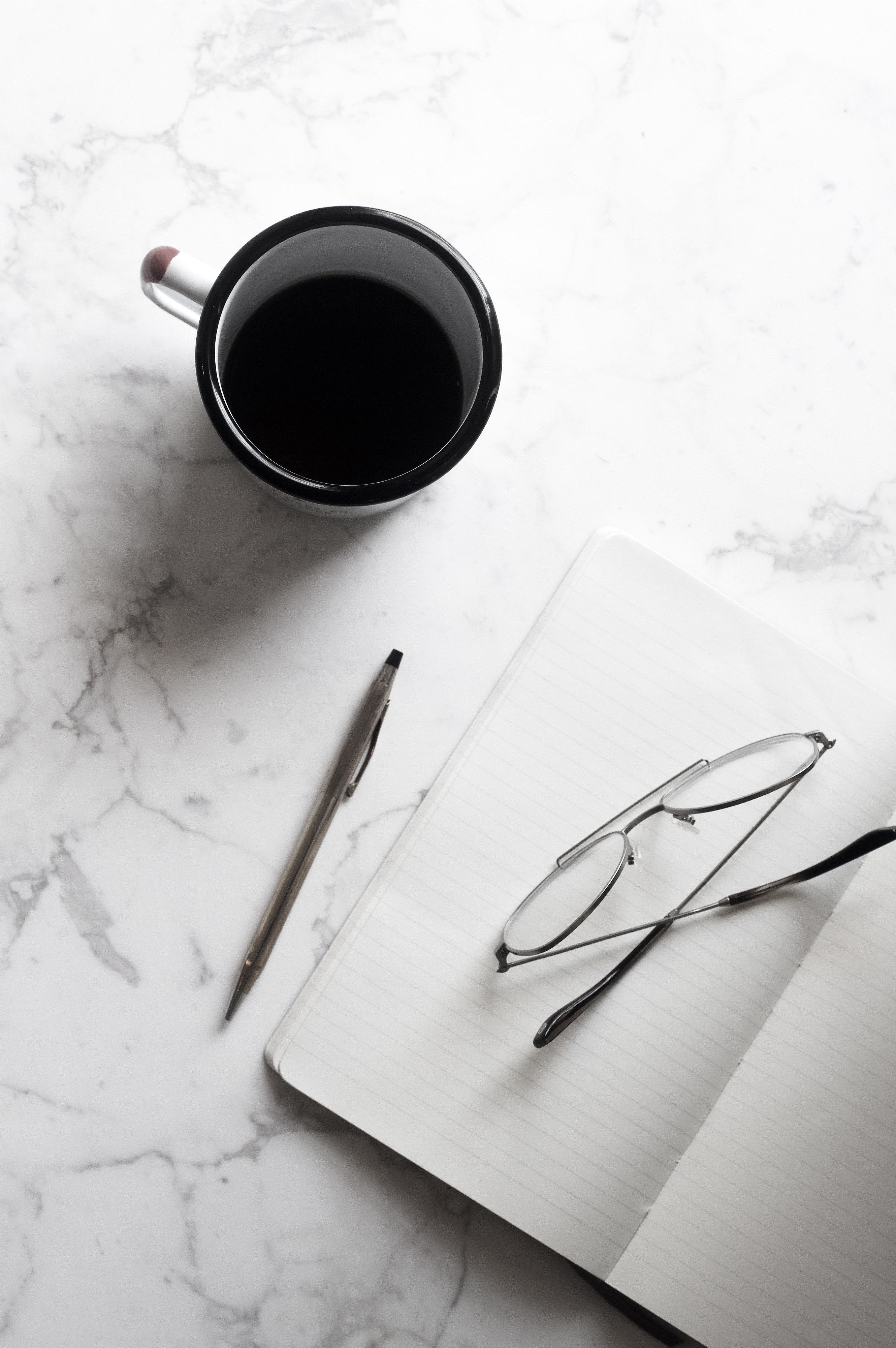 a cup of black coffee next to a notebook with a pencil and pair of glasses, _black coffee notebook 4k, Phone HD Wallpaper