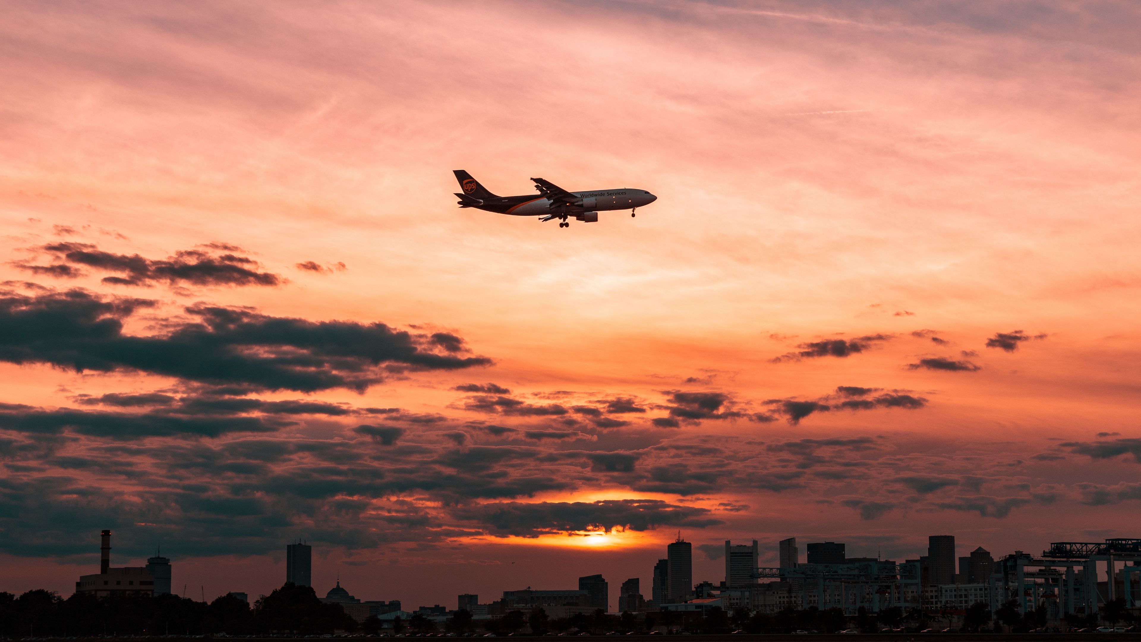 airplane, sky, flight, clouds, sunset, 4k, HD Wallpaper