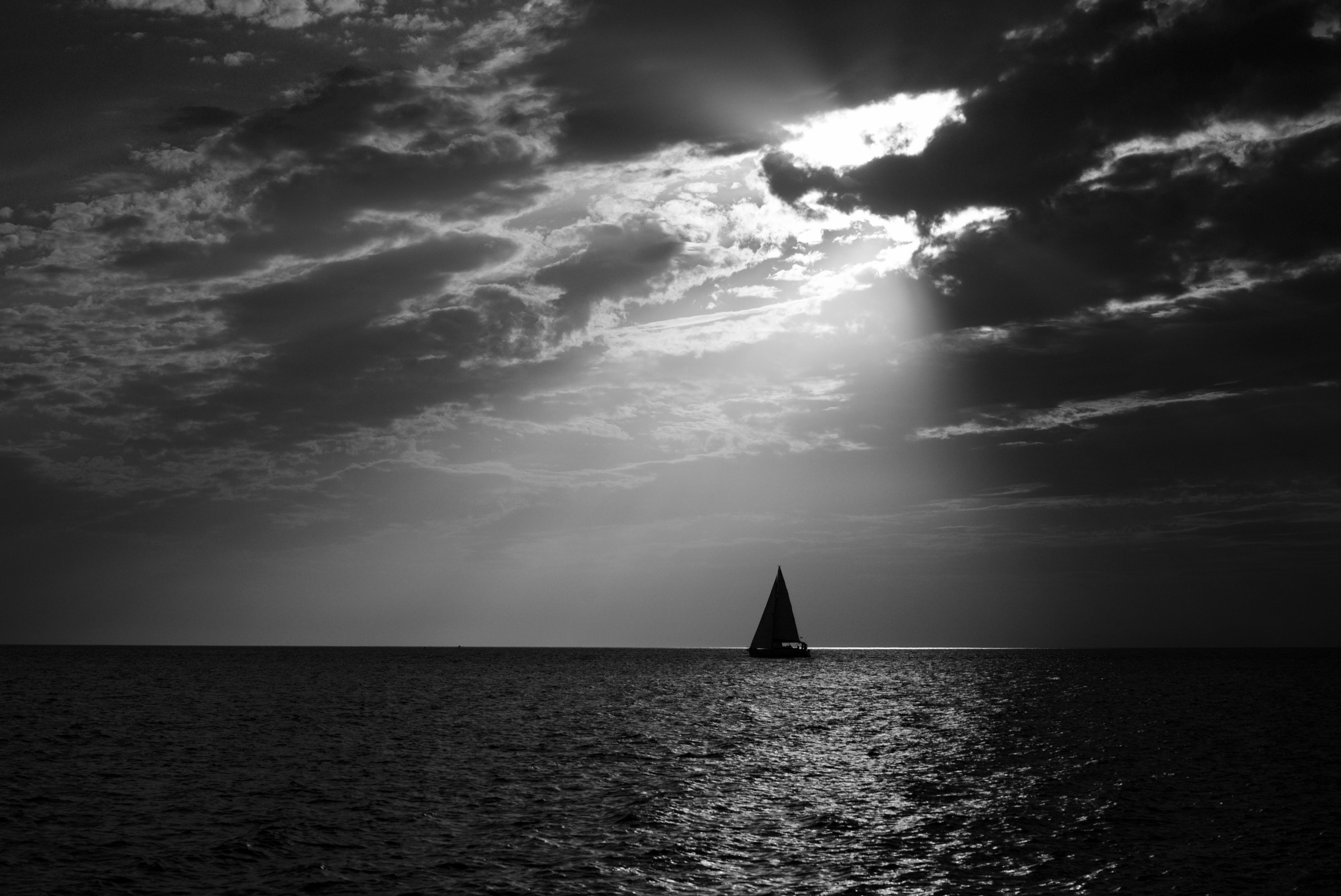 black and white sail boat and sun 4k, HD Wallpaper