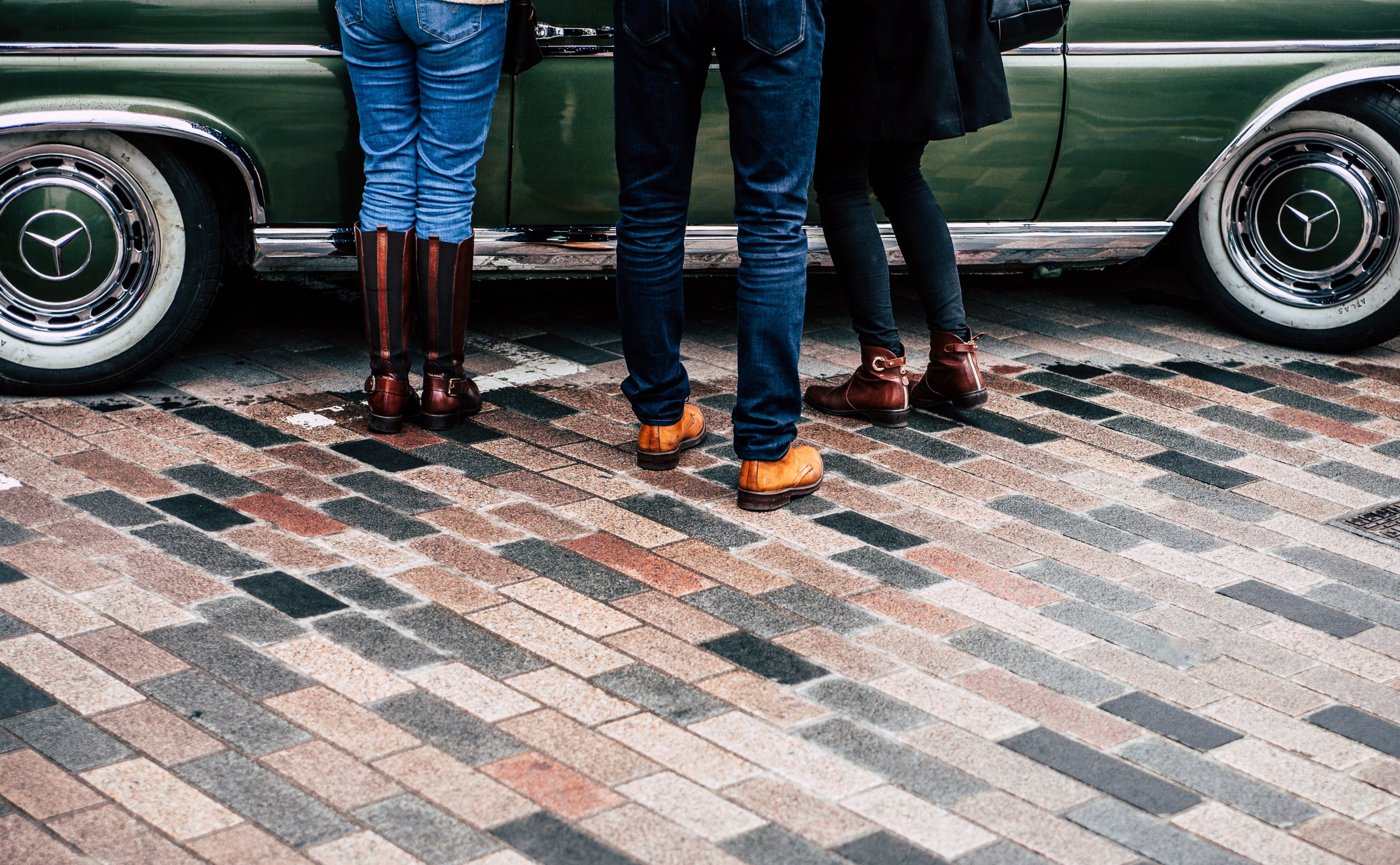 people standing on a brick road in front of a vintage mercedes benz car at lewis cubitt park, green mercedes benz people boots 4k, HD Wallpaper