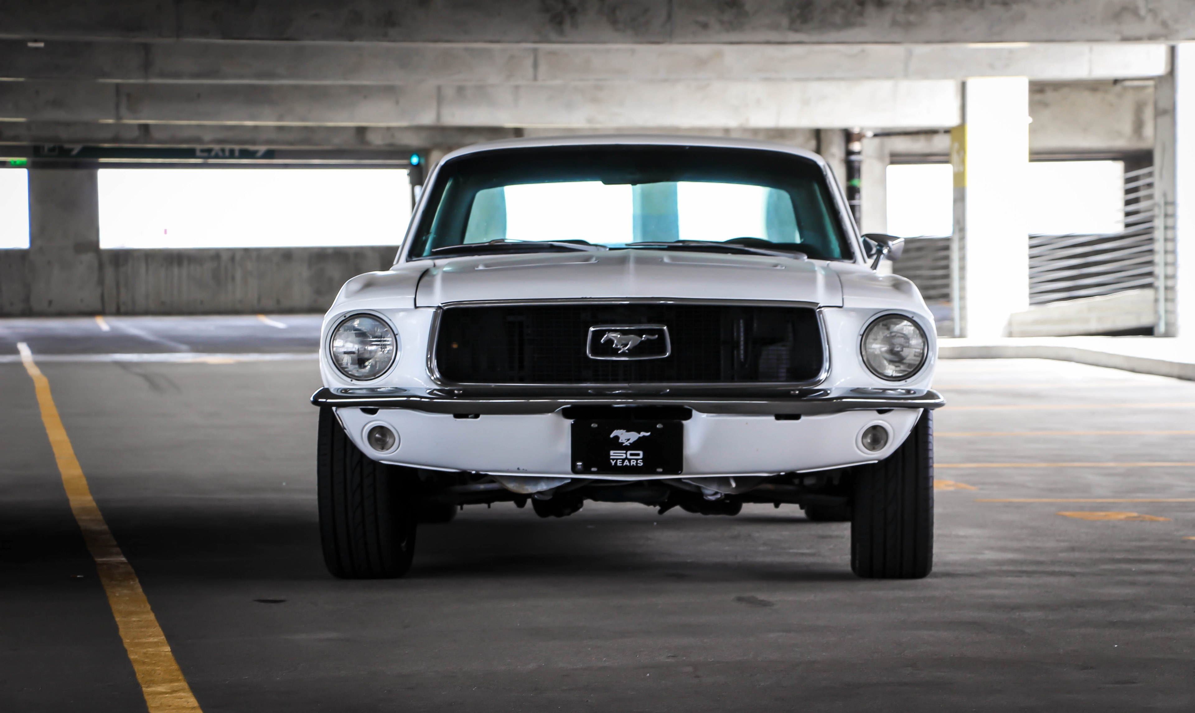 vintage white mustang parked in a parking garage in dublin, vintage white mustang 4k, HD Wallpaper