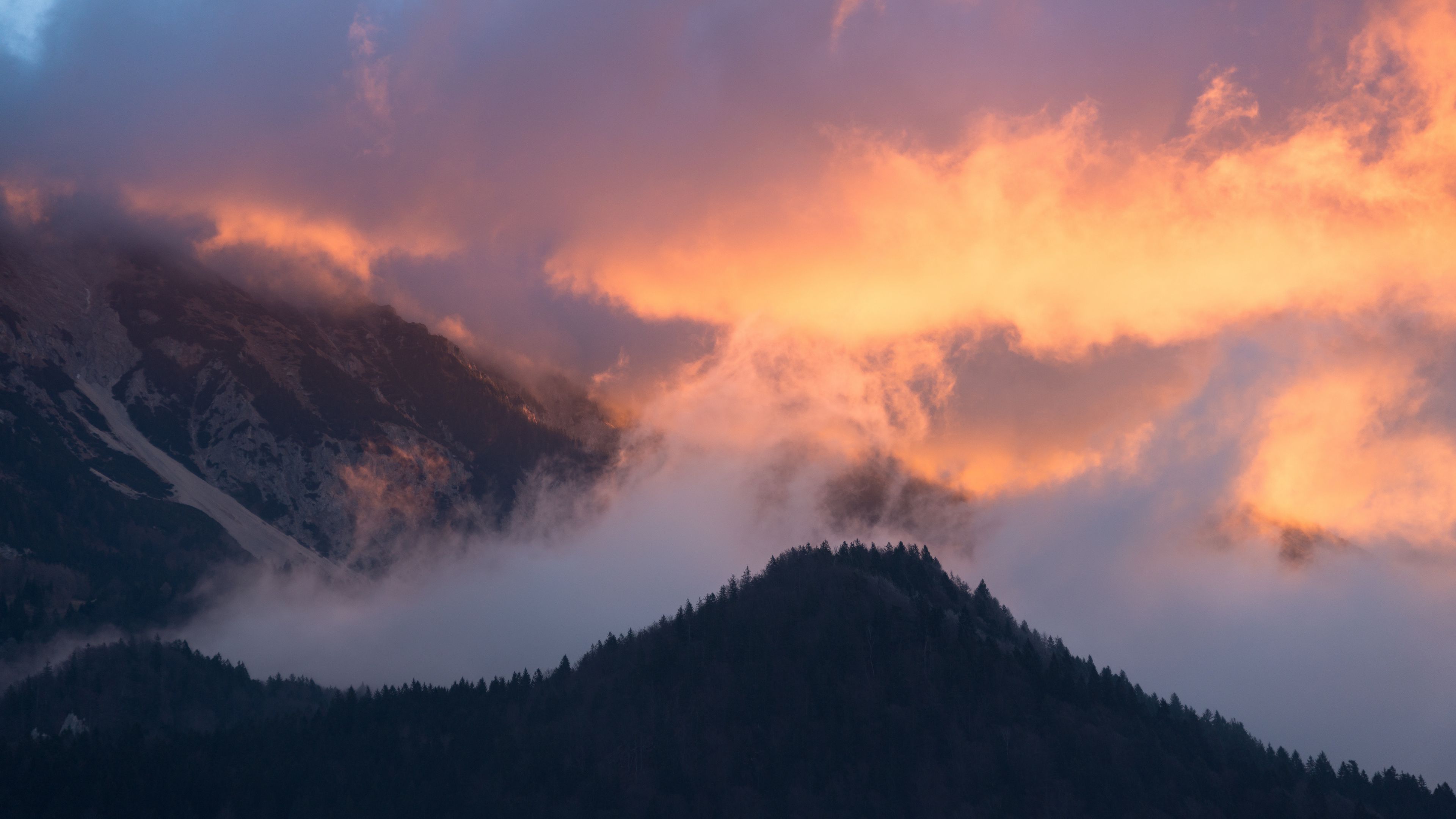 mountains, fog, sky, trees, sunset, 4k, HD Wallpaper