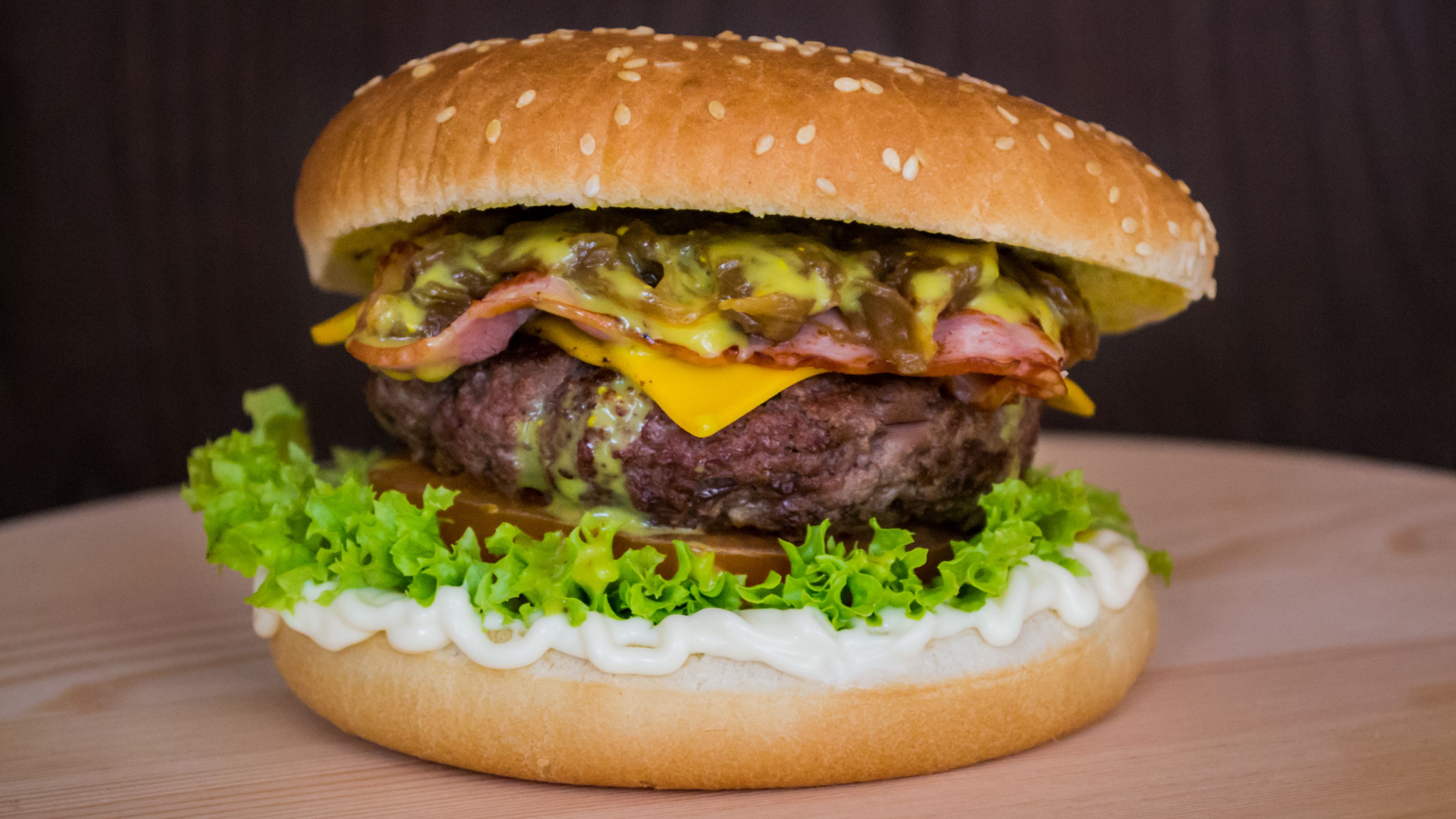 burger, hamburger, buns, vegetables, 4k, HD Wallpaper