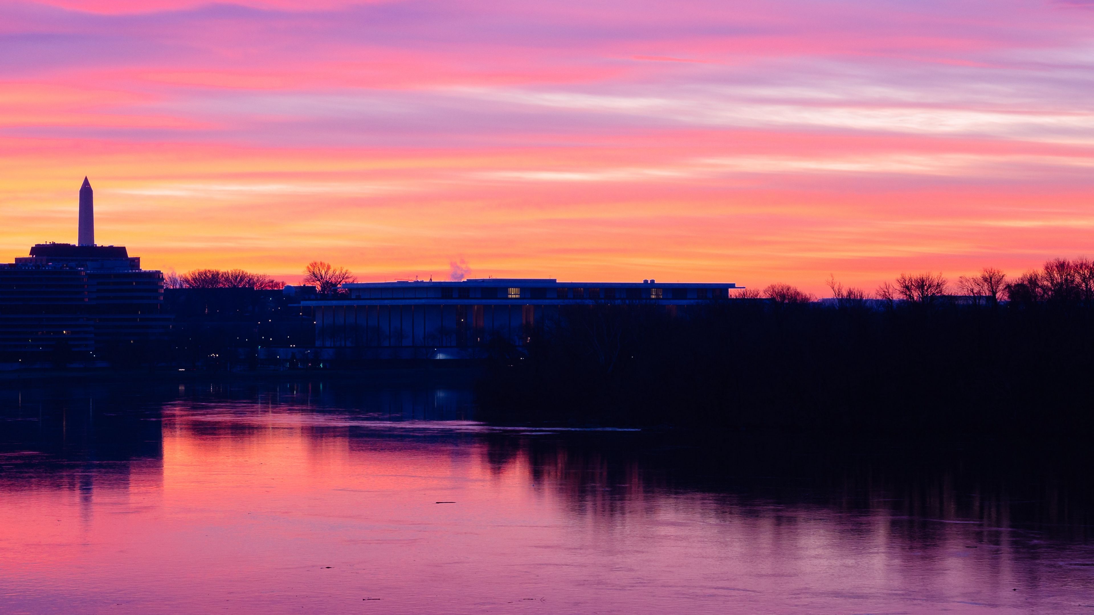 sunset, river, building, sky, 4k, HD Wallpaper