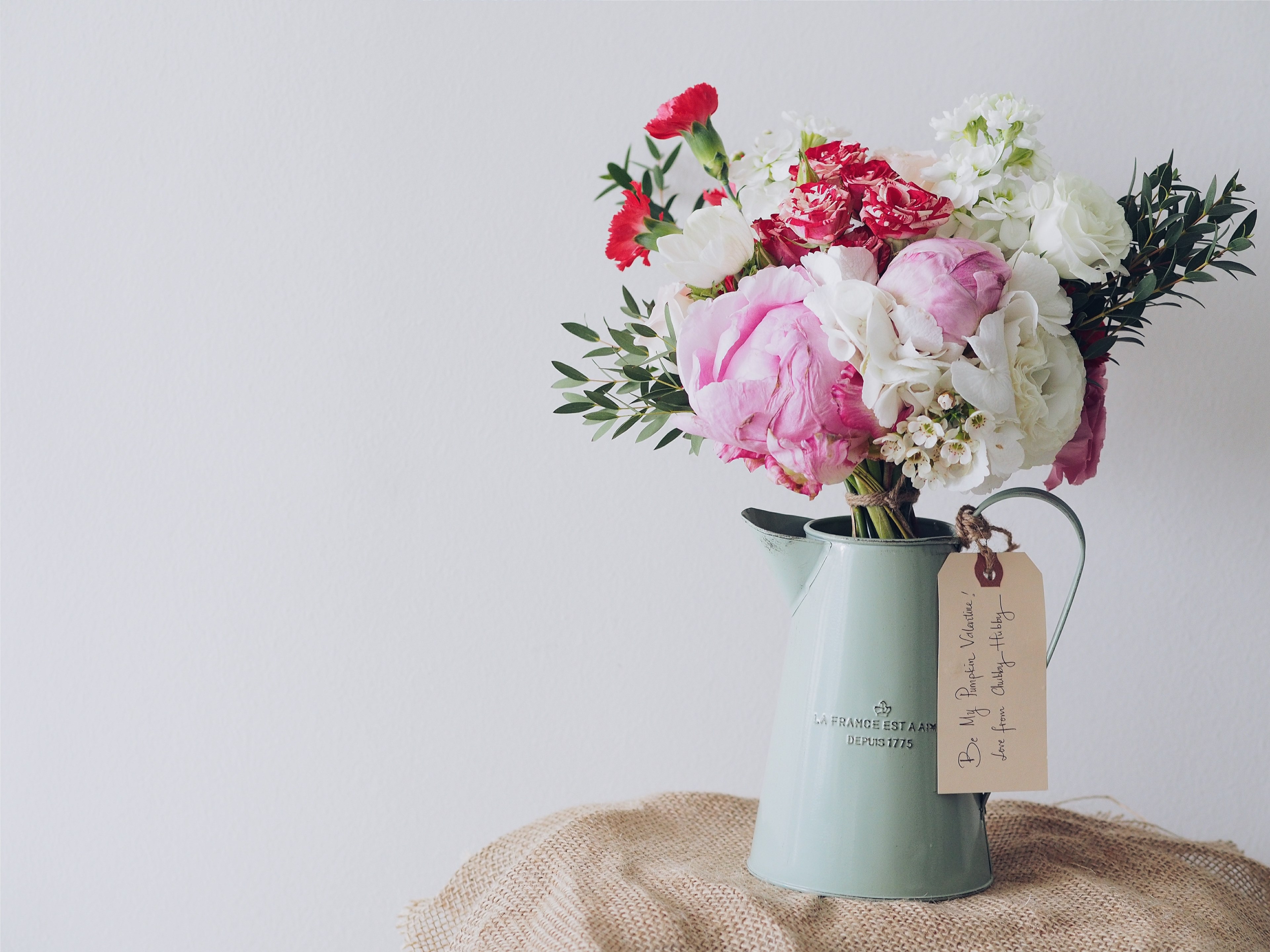 valentines day floral arrangement of roses carnations and peonies in a vintage pitcher, valentine bouquet 4k, HD Wallpaper