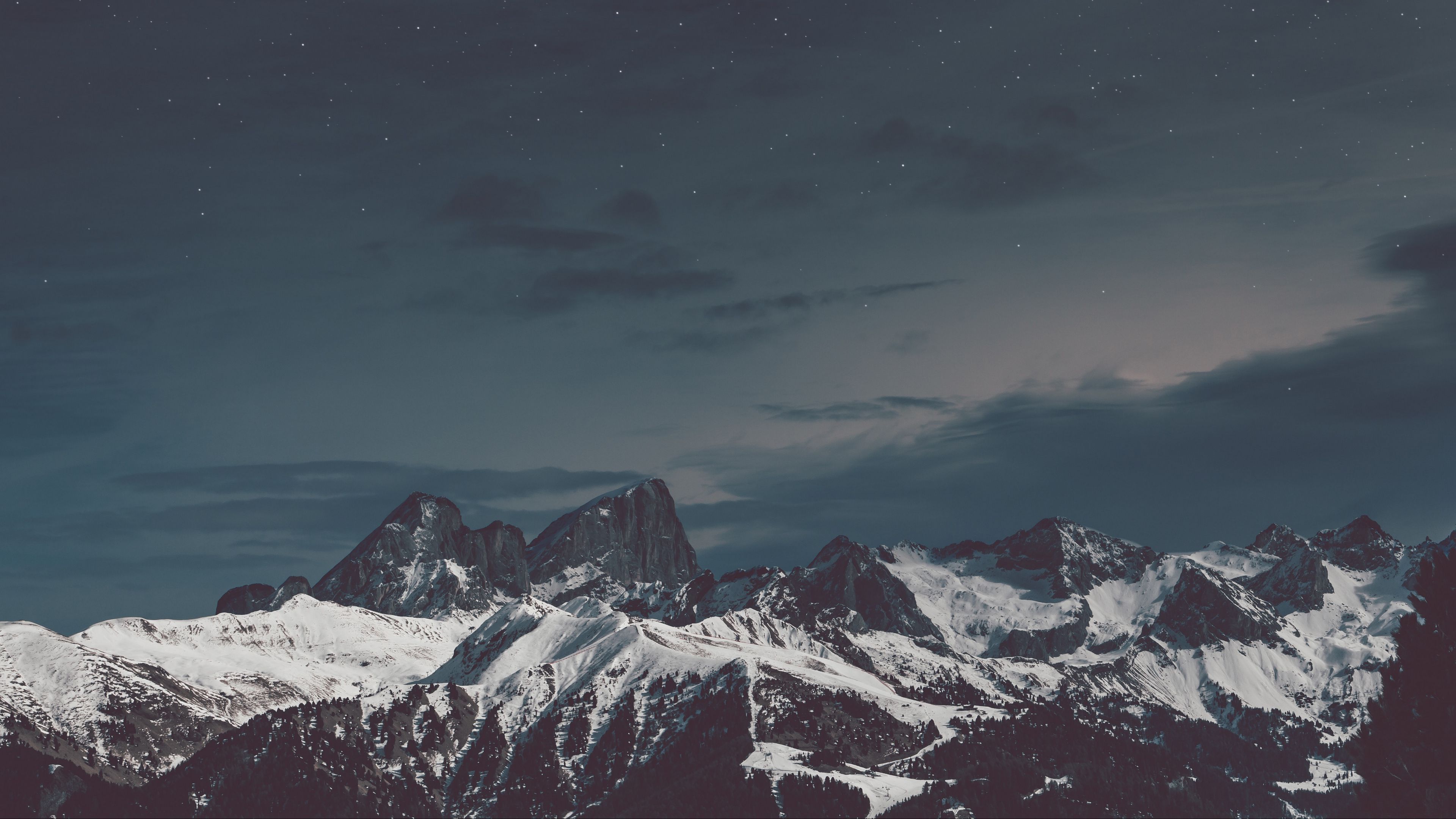 mountains, snow, sky, night, 4k, HD Wallpaper