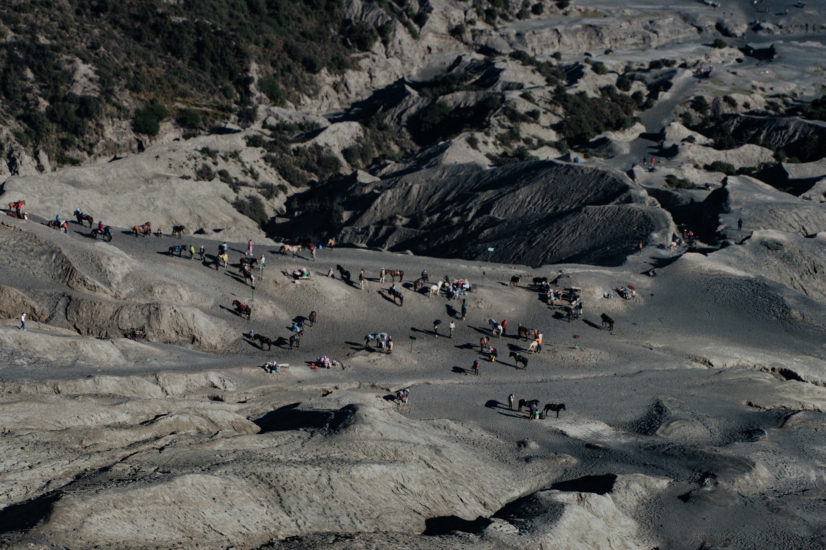 a high shot of a group of people and horses on the rocky slope of a mountain, on horseback through the mountains 4k, HD Wallpaper