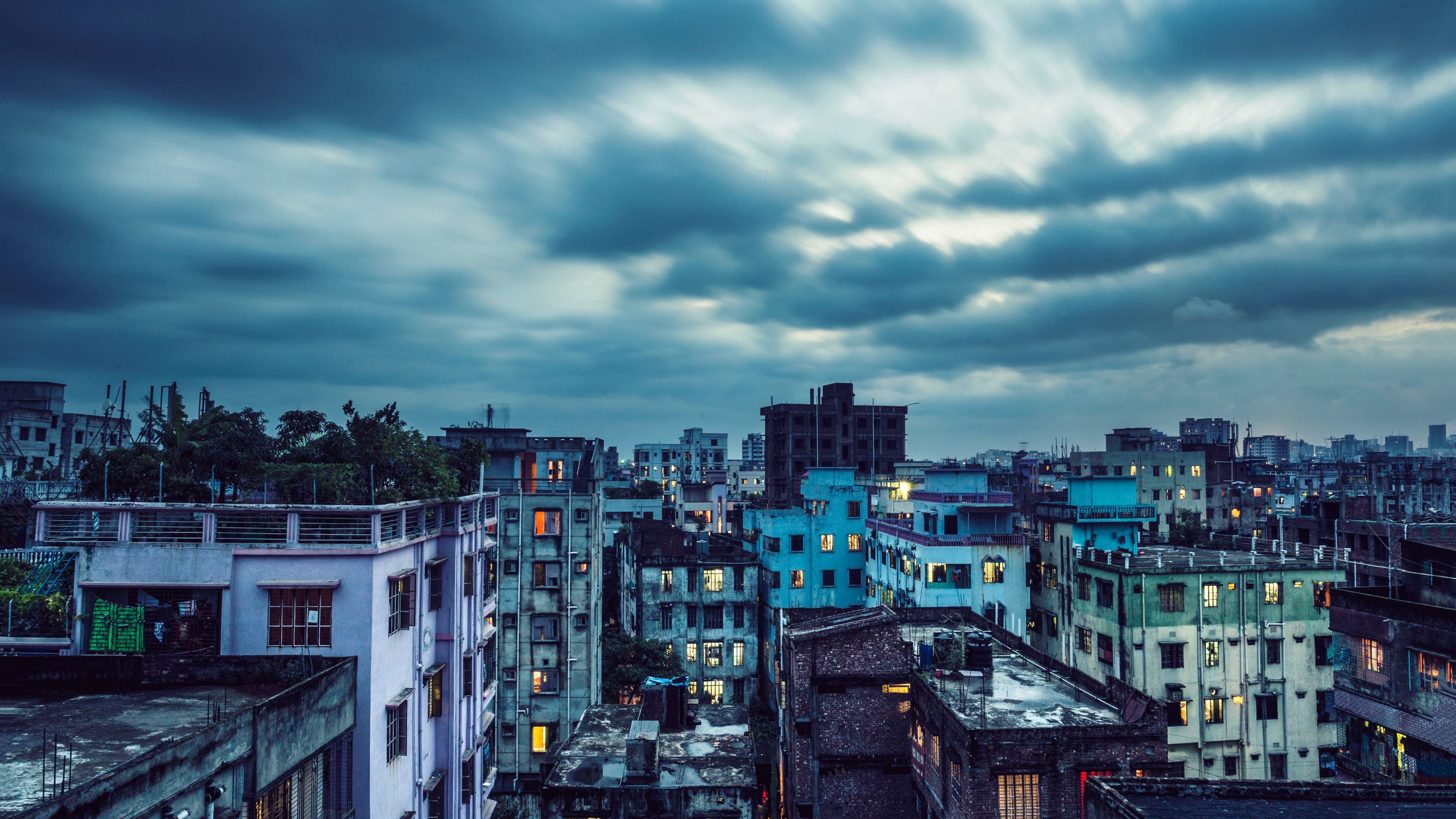buildings, city, sky, clouds, 4k, HD Wallpaper