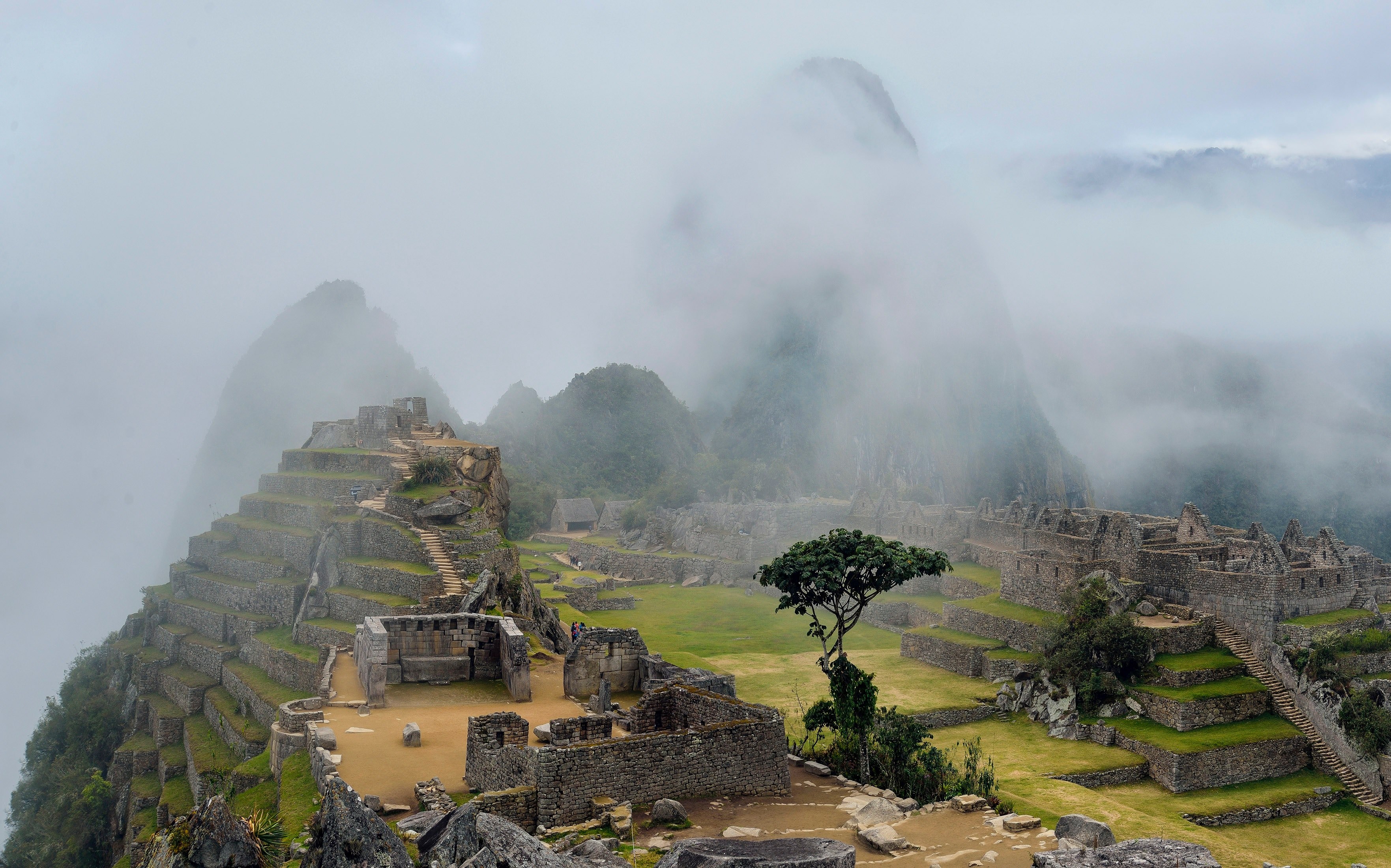 historic ruins of machu picchu cover in fog, machu picchu in mist 4k, HD Wallpaper