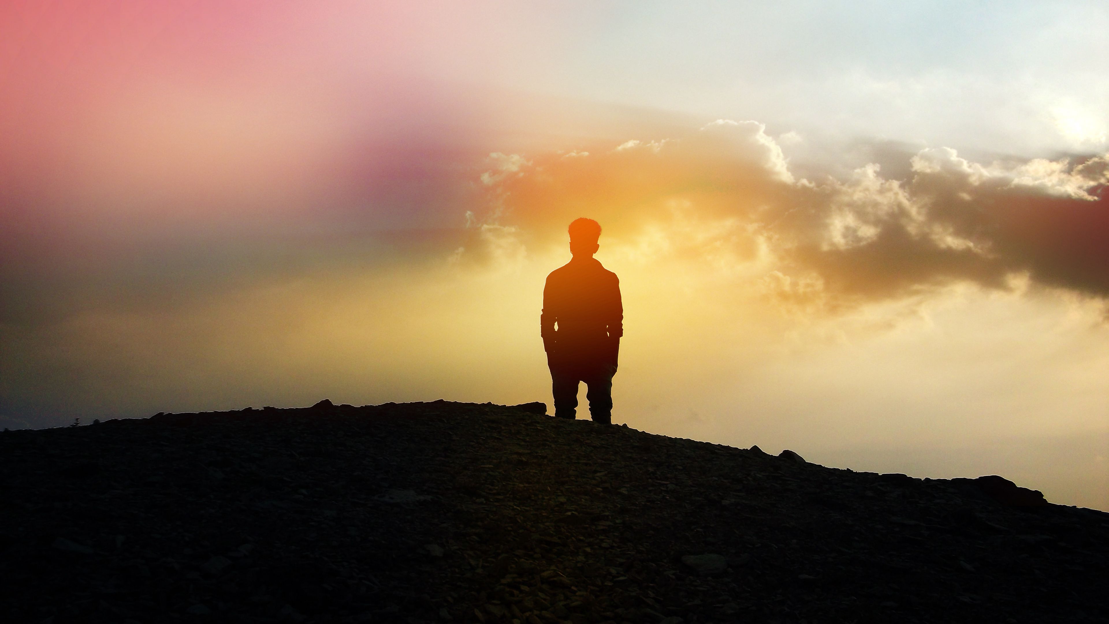 man, silhouette, clouds, 4k, HD Wallpaper