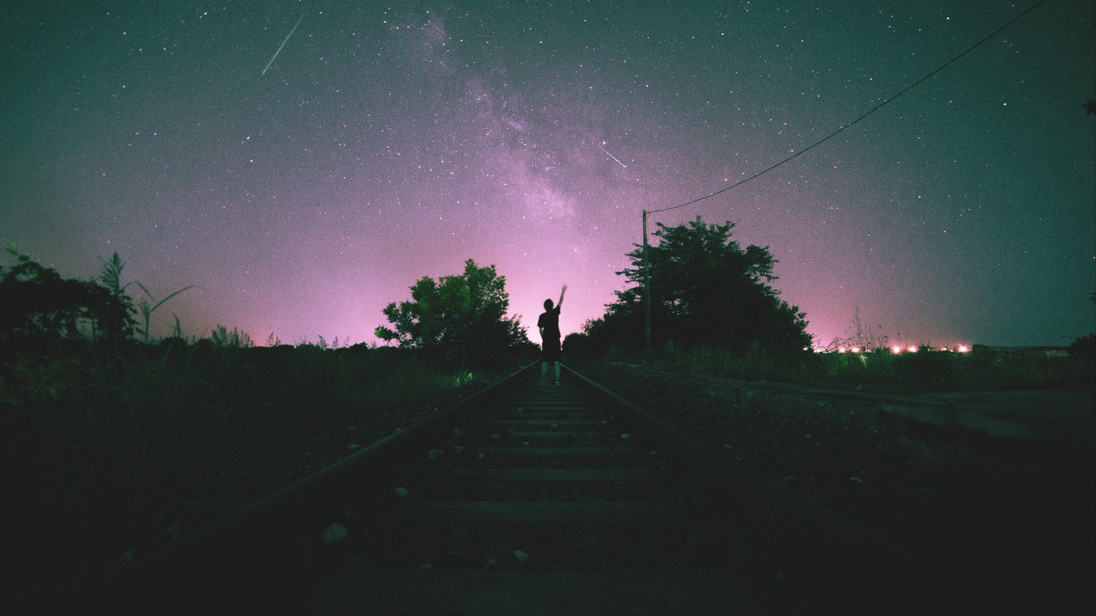 railway, starry sky, man, night, 4k, HD Wallpaper