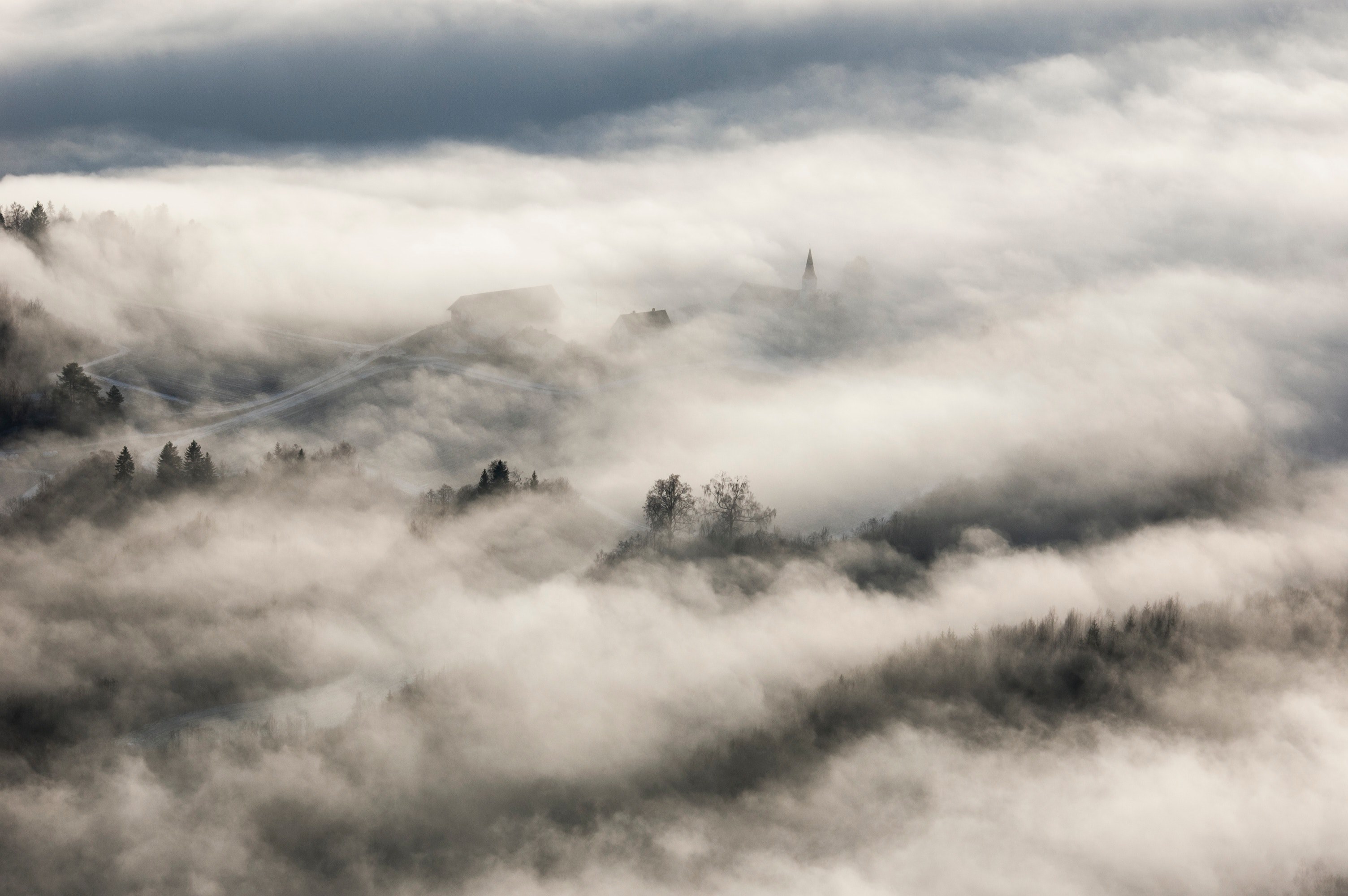 village homes and town trees hidden by fog on a misty morning, hidden village 4k, HD Wallpaper