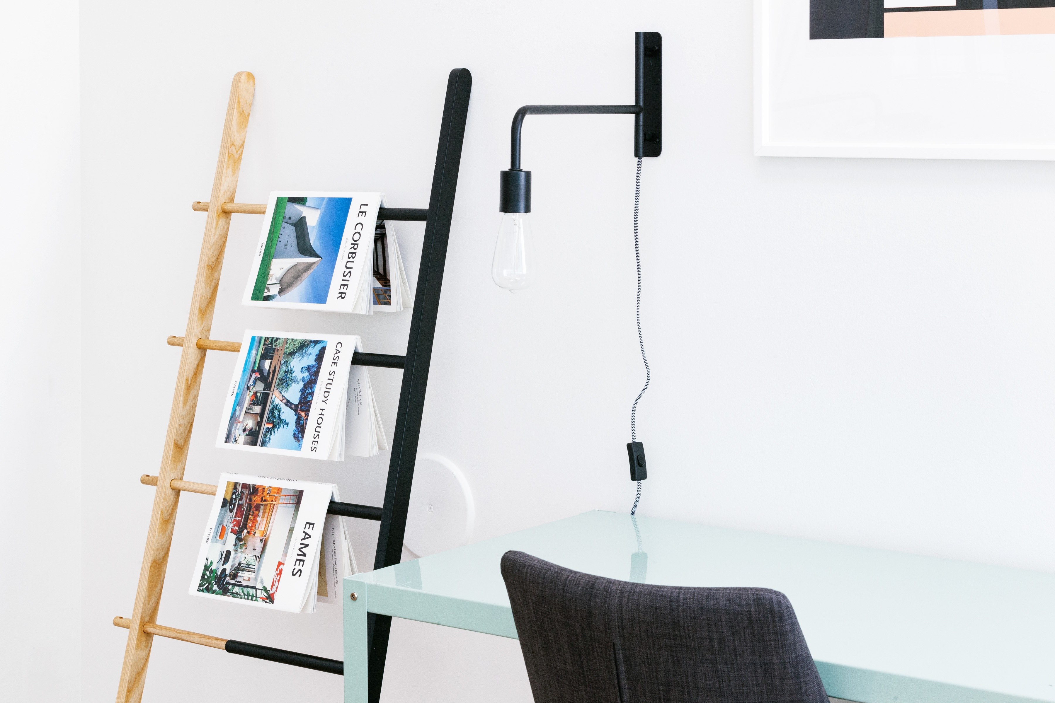 magazines on architecture hanging from a ladder in a minimal interior, minimalist office decor at 1540 7th st 4k, HD Wallpaper