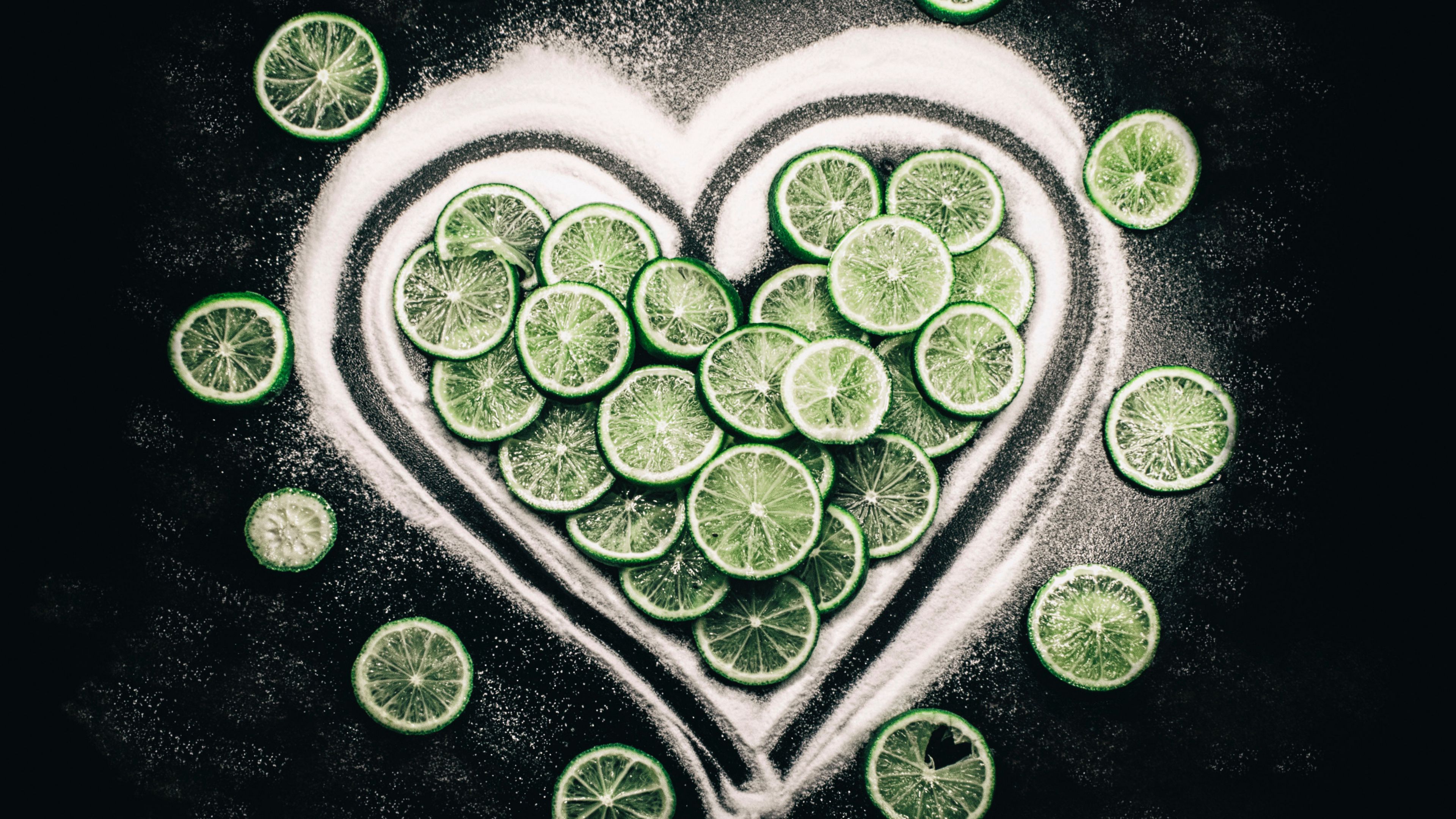 heart, limes, fruit, citrus, 4k, HD Wallpaper